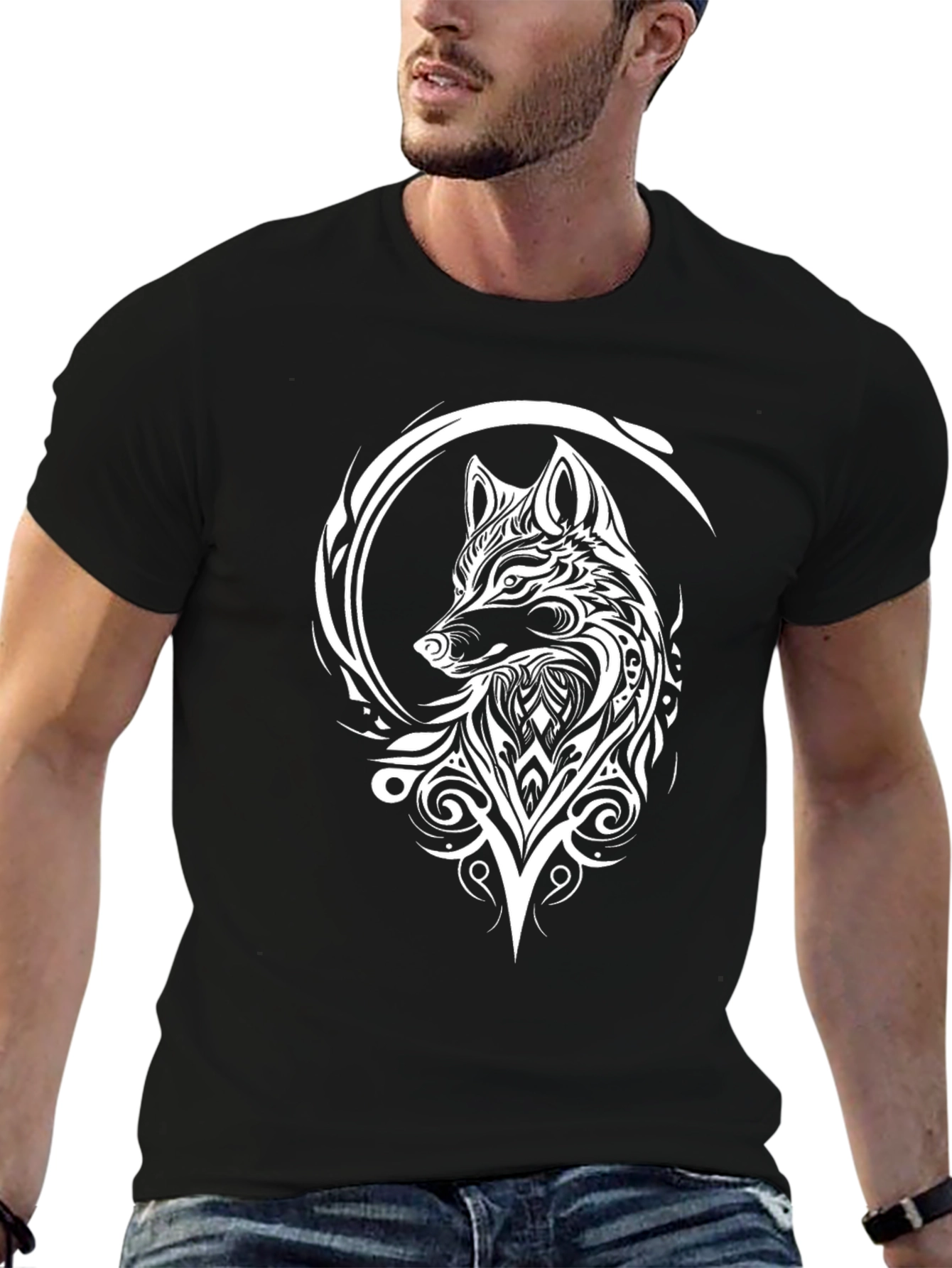 Black Tribal Wolf Graphic Tee - Black Cotton Blend view 6
