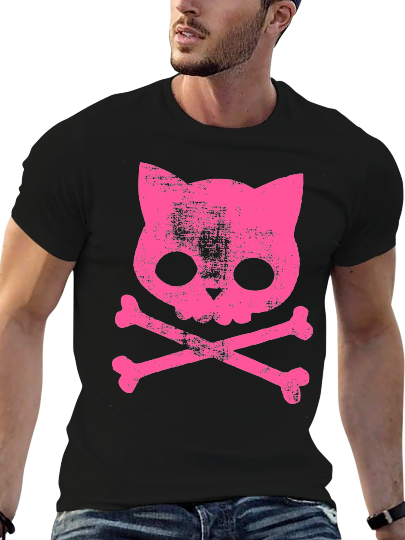 Black Cat Skull Bones Graphic T-Shirt view 6