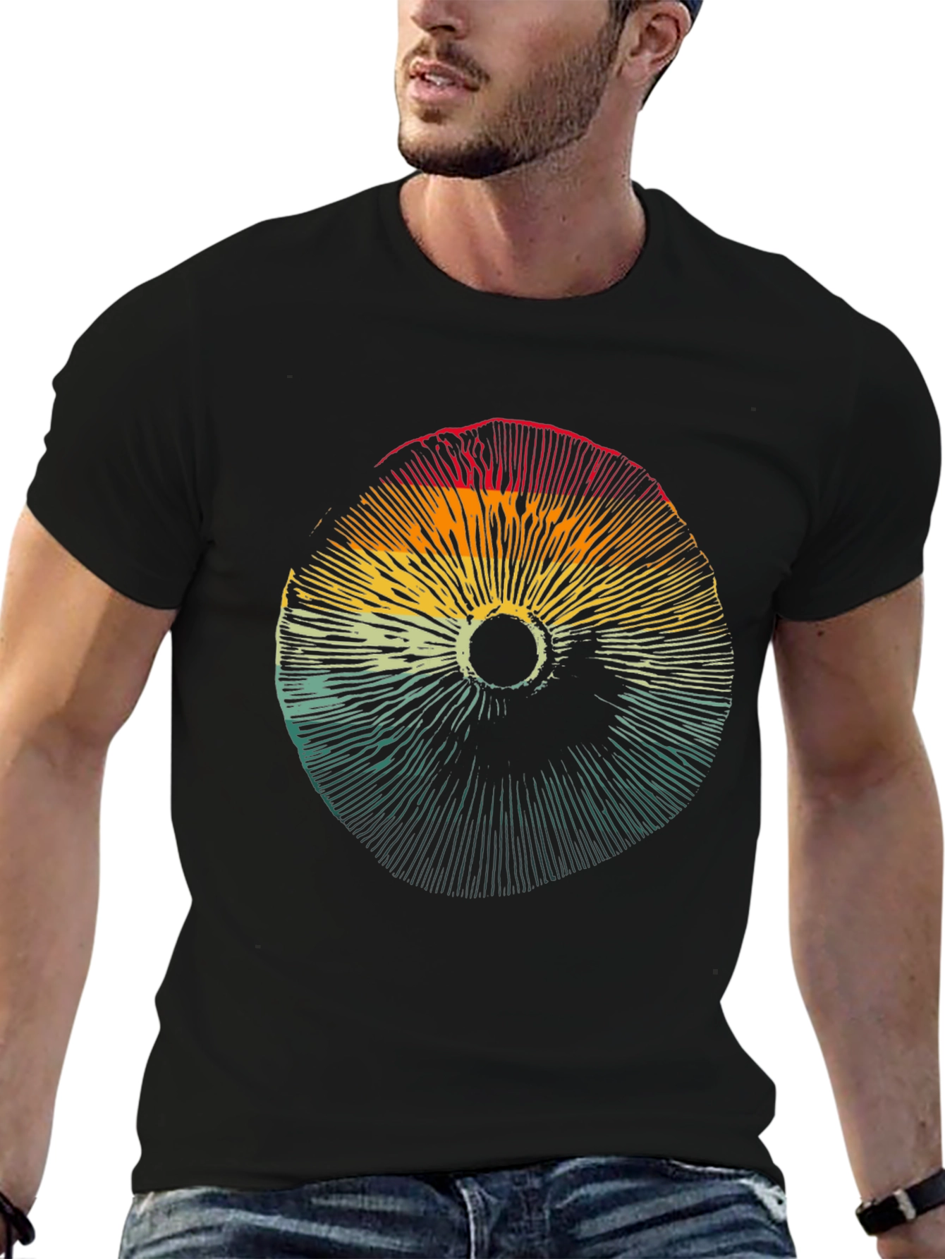 Black Retro Mushroom Graphic T-Shirt - Unisex Design view 6