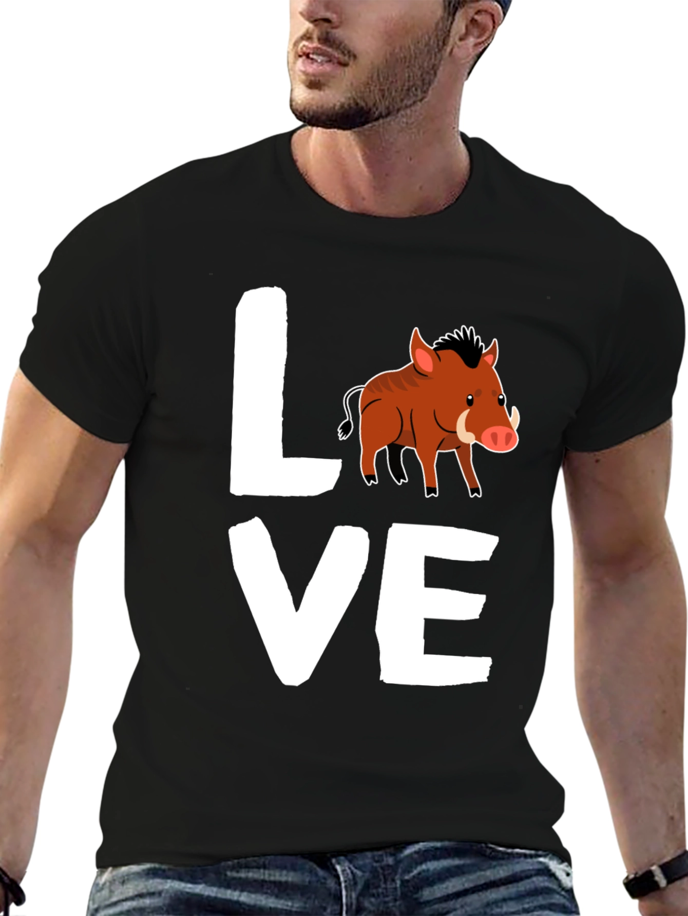 Black Love Boar T-Shirt, Wild Pig Animal Tee, Black Cotton Shirt view 6