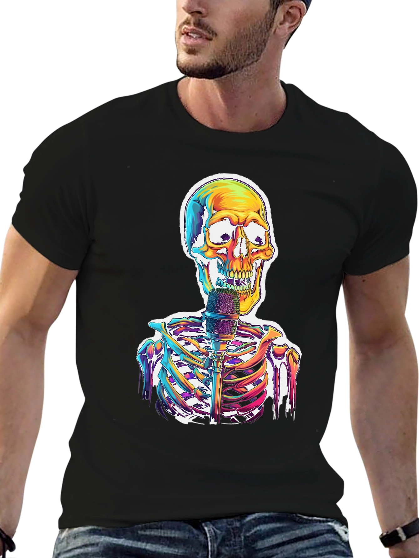 Black Skeleton Singer Graphic Tee - Cool Skull Design view 6