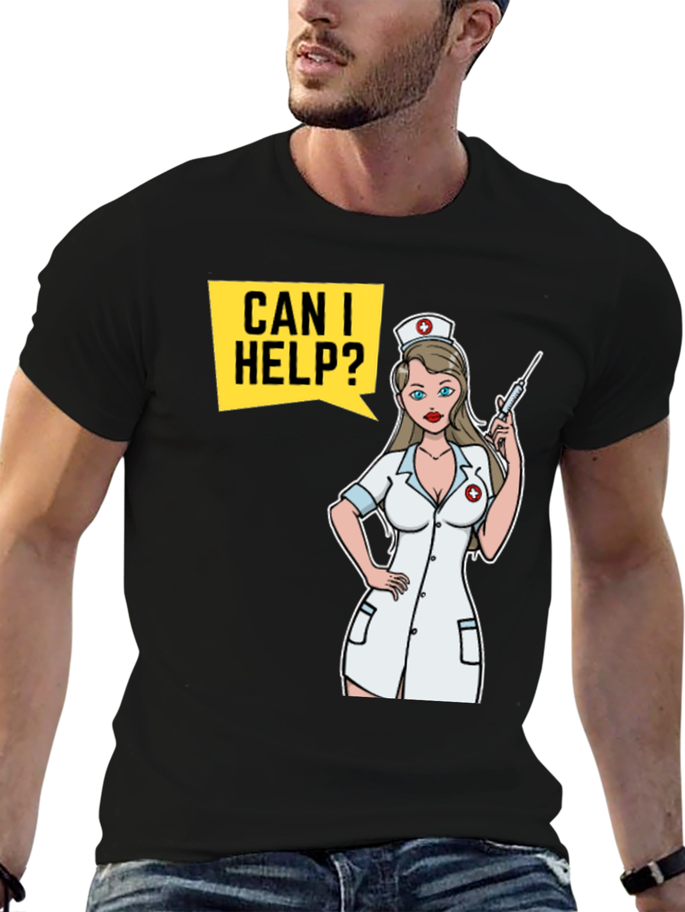 Black Humorous Nurse Cartoon T-Shirt view 6