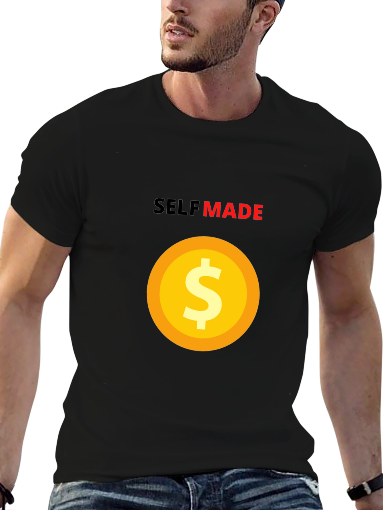 Black Self Made T-Shirt - Gold Dollar Sign - Black Tee view 6