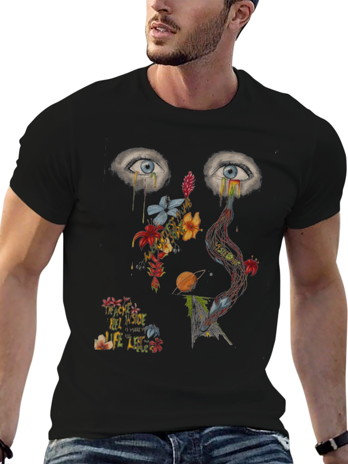 Black Artistic Graphic Print Men's T-Shirt view 6