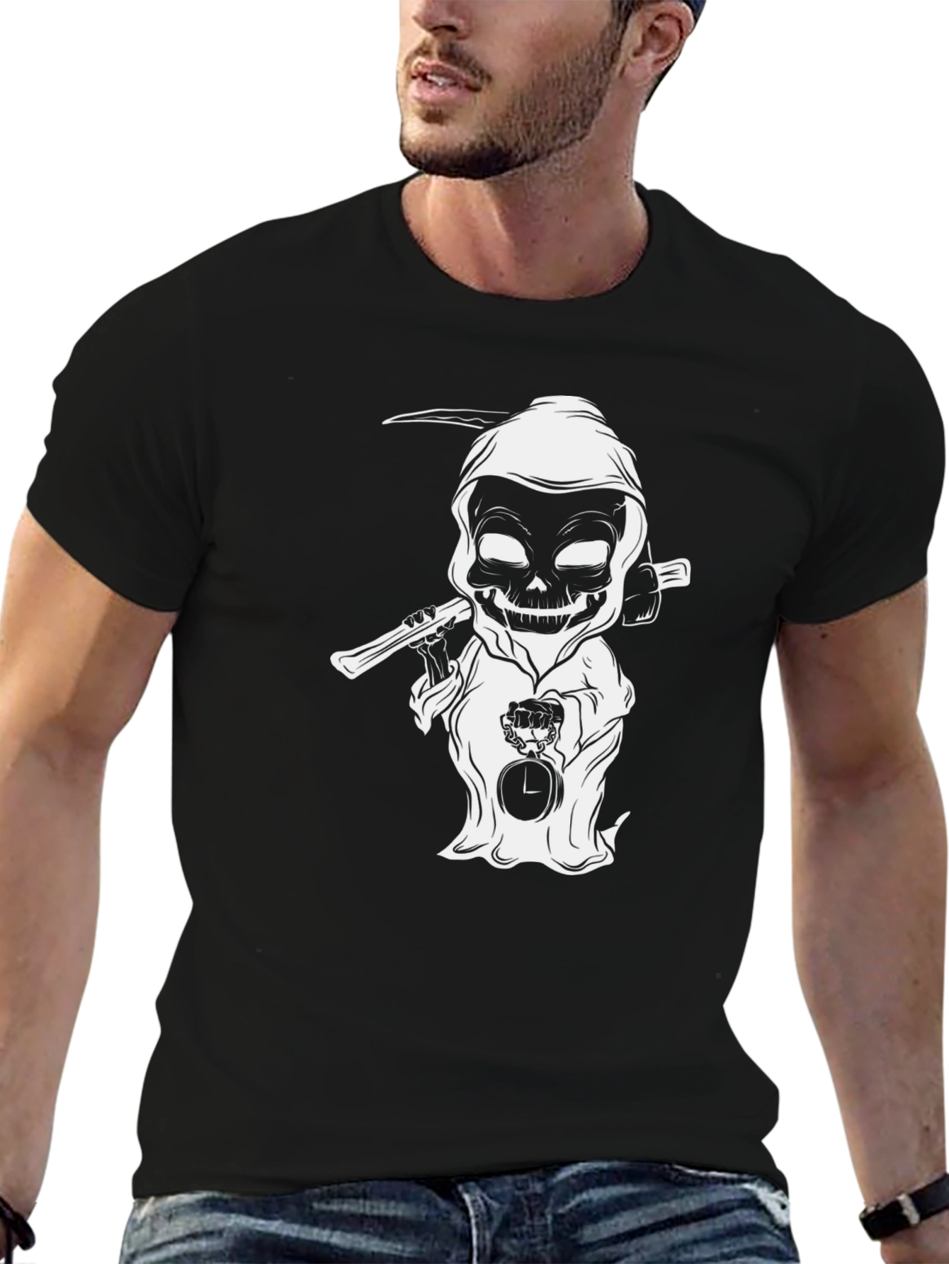 Black Grim Reaper Cartoon Black T-Shirt view 6