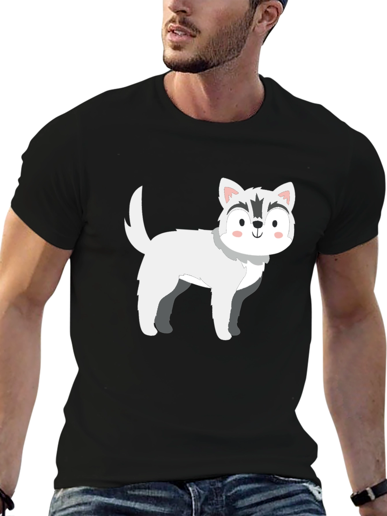 Black Cute Cartoon Husky Dog Graphic T-Shirt view 6
