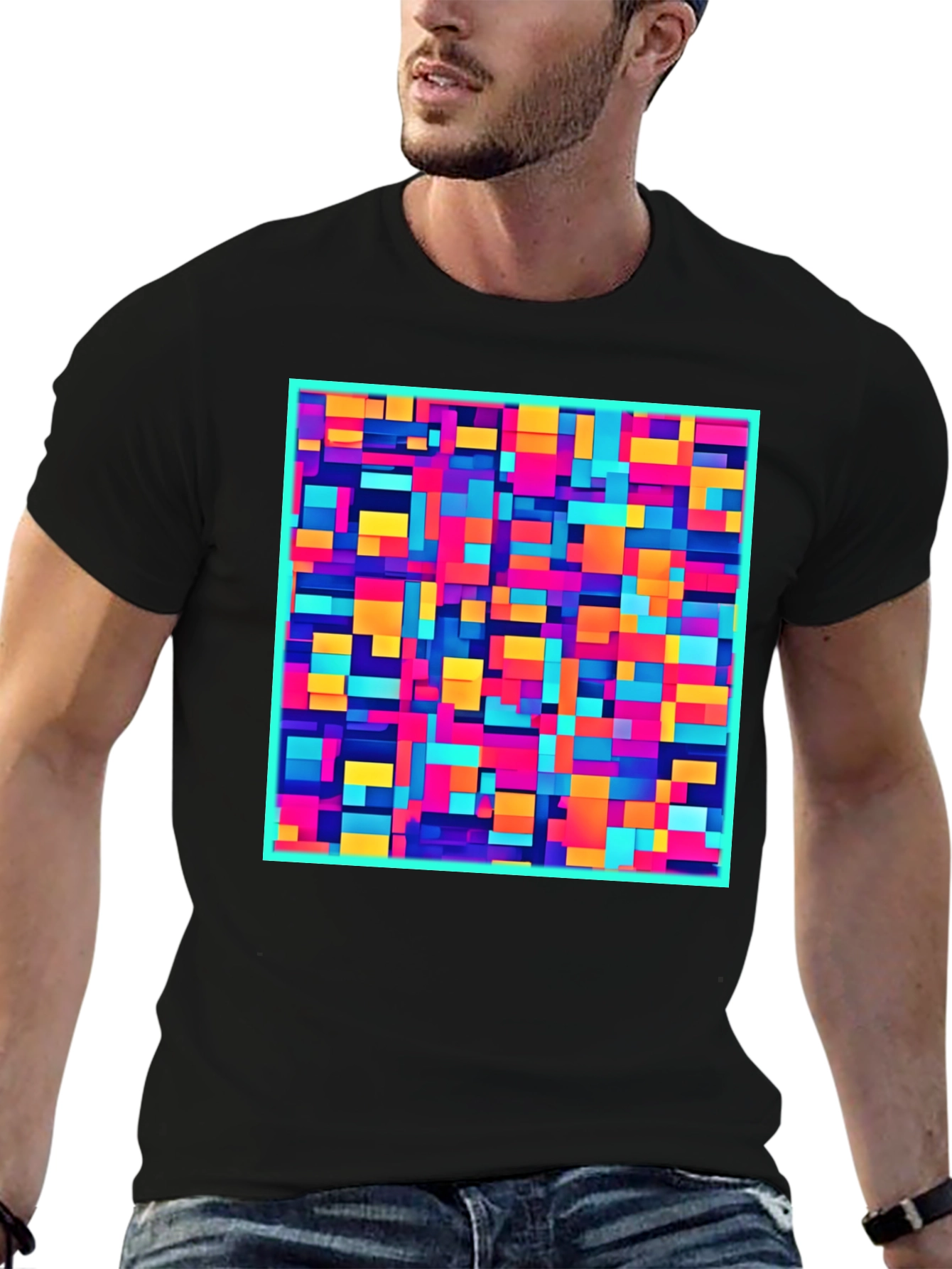 Black Colorful Block Pattern Graphic Tee - Modern Style view 6