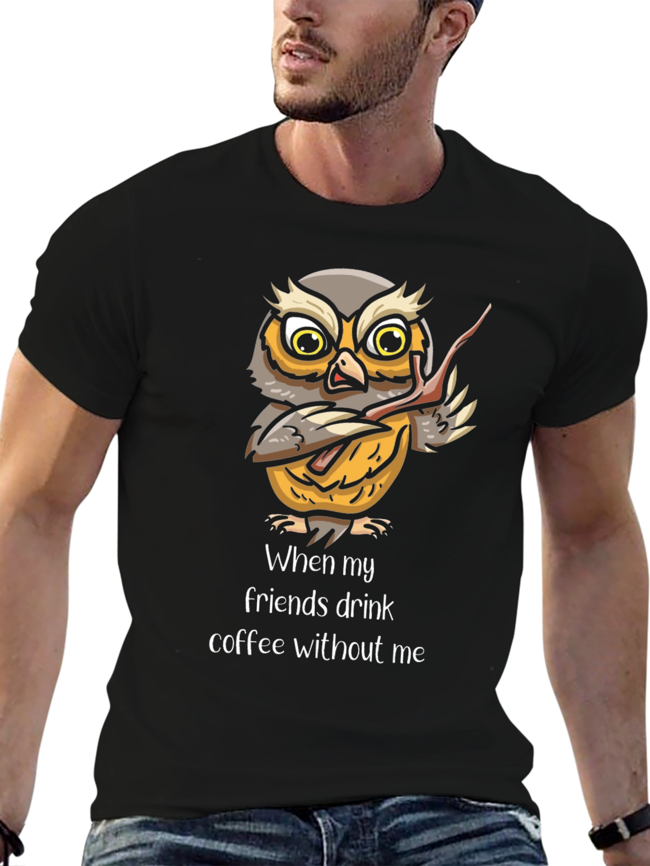 Black Funny Owl Coffee T-Shirt view 6