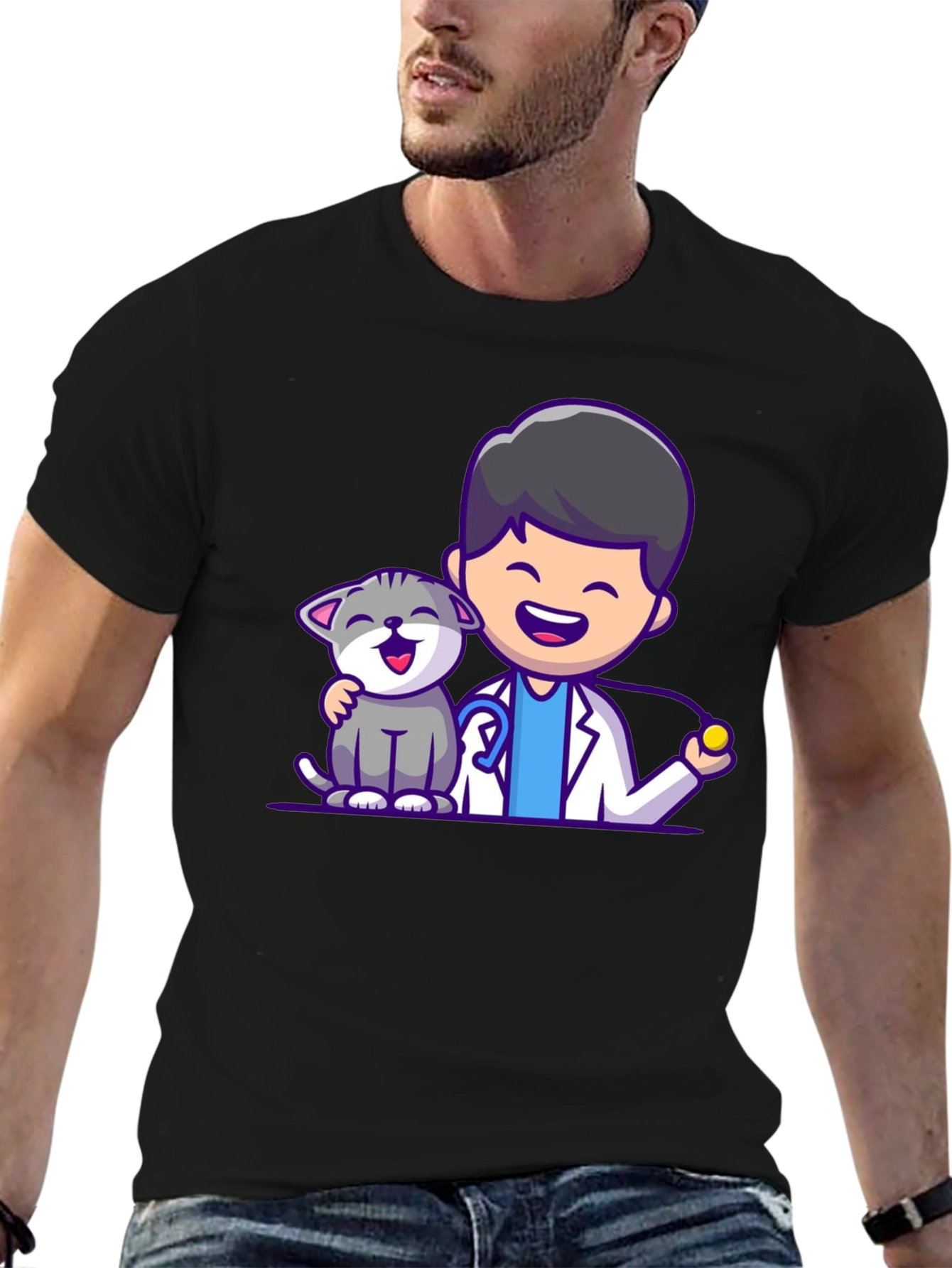 Black Vet & Cat Cartoon T-Shirt - Black view 6