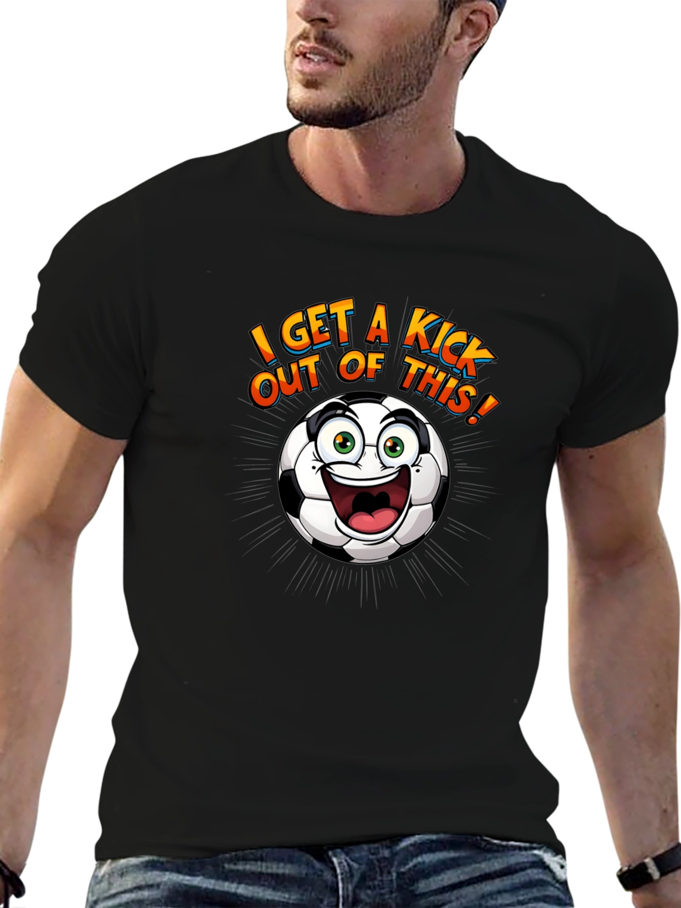 Black Funny Soccer Ball Cartoon Graphic T-Shirt view 6