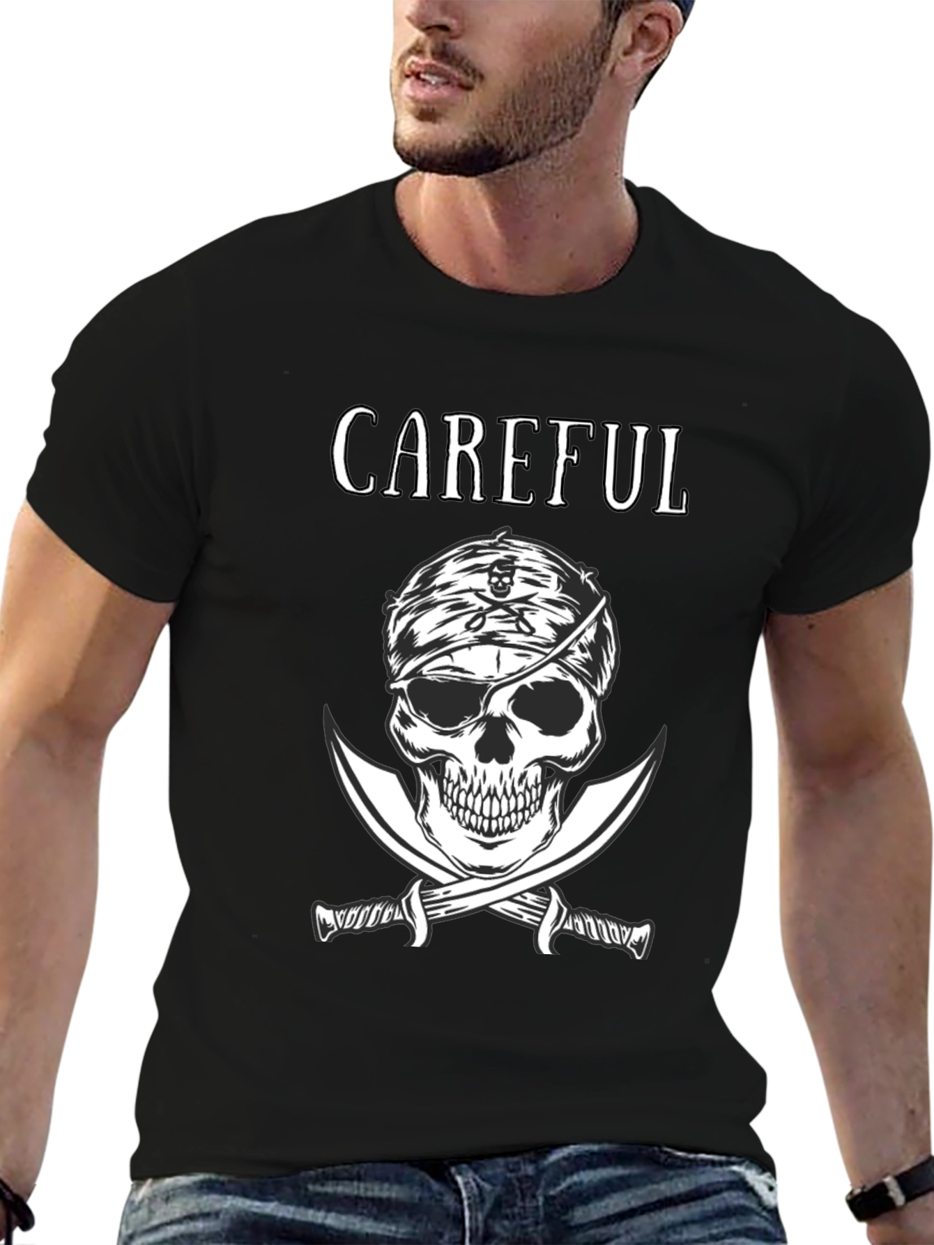 Black Careful Pirate Skull T-Shirt - Edgy Graphic Tee view 6