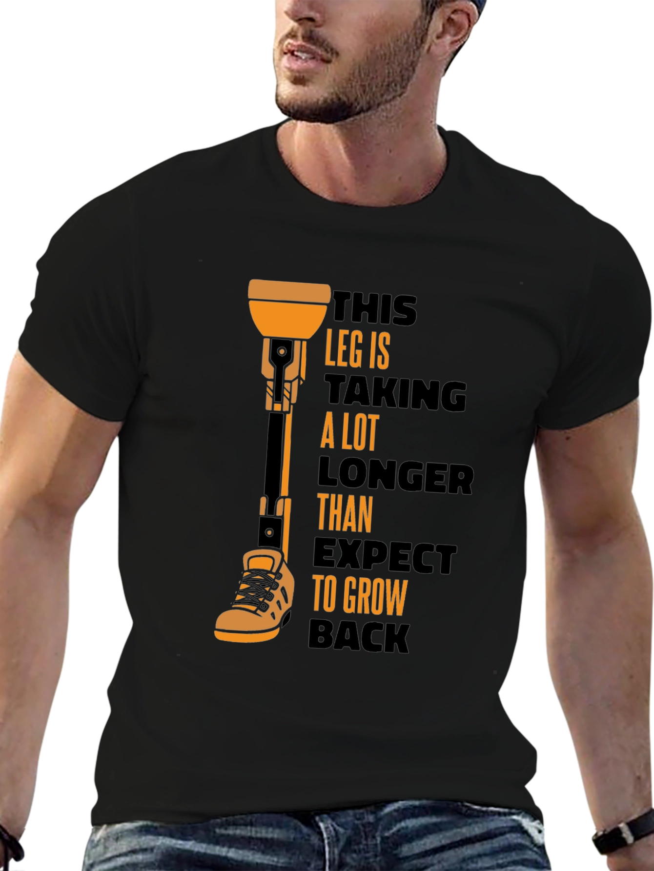 Black Humorous Prosthetic Leg T-Shirt view 6