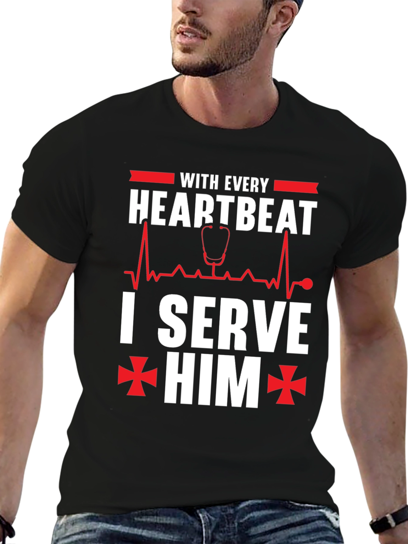 Black With Every Heartbeat I Serve Him Graphic T-Shirt view 6