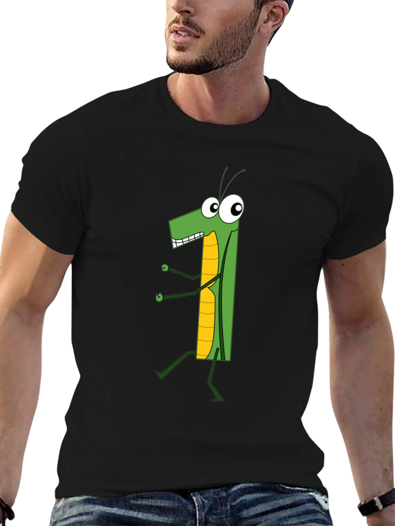 Black Cartoon Grasshopper Graphic T-Shirt view 6