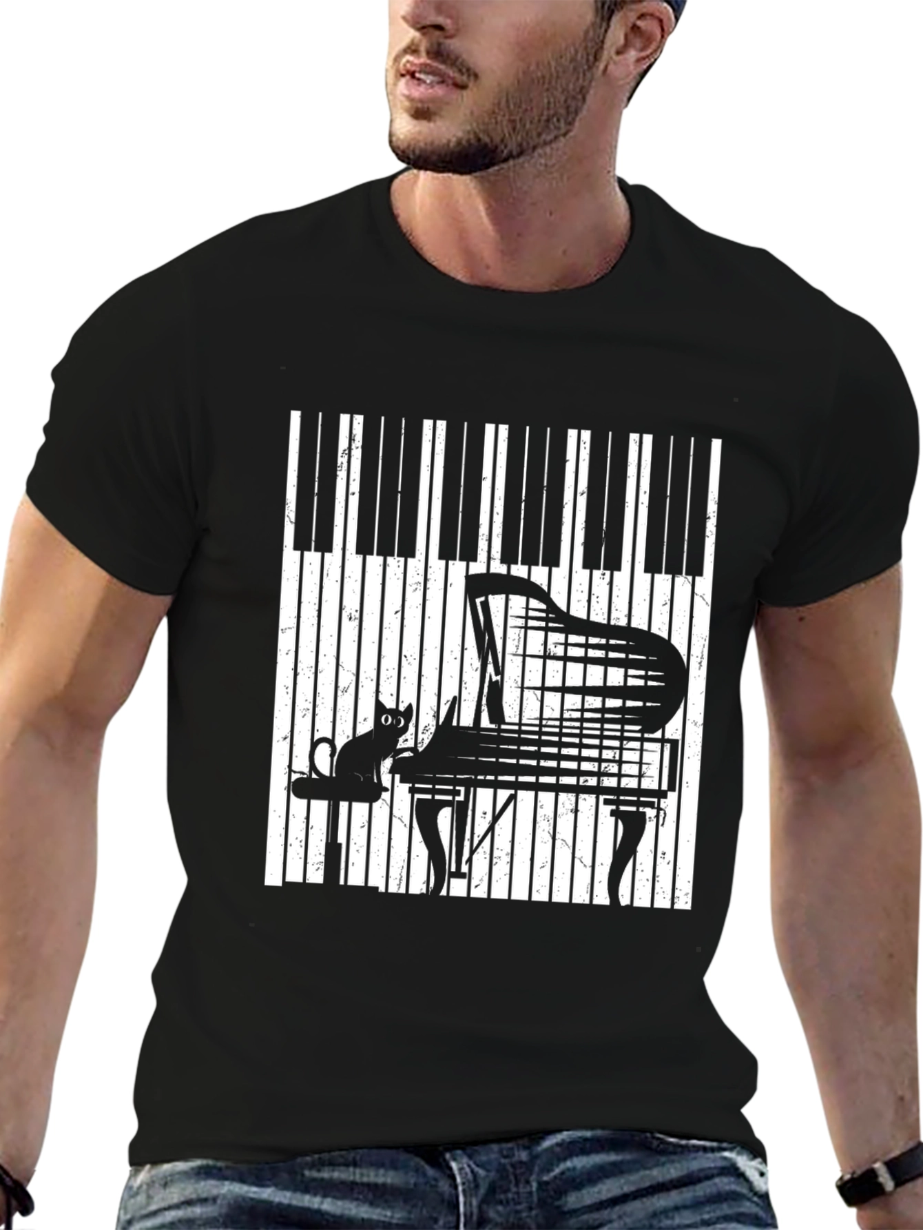 Black Piano Cat Graphic T-Shirt - Music Lover Tee view 6