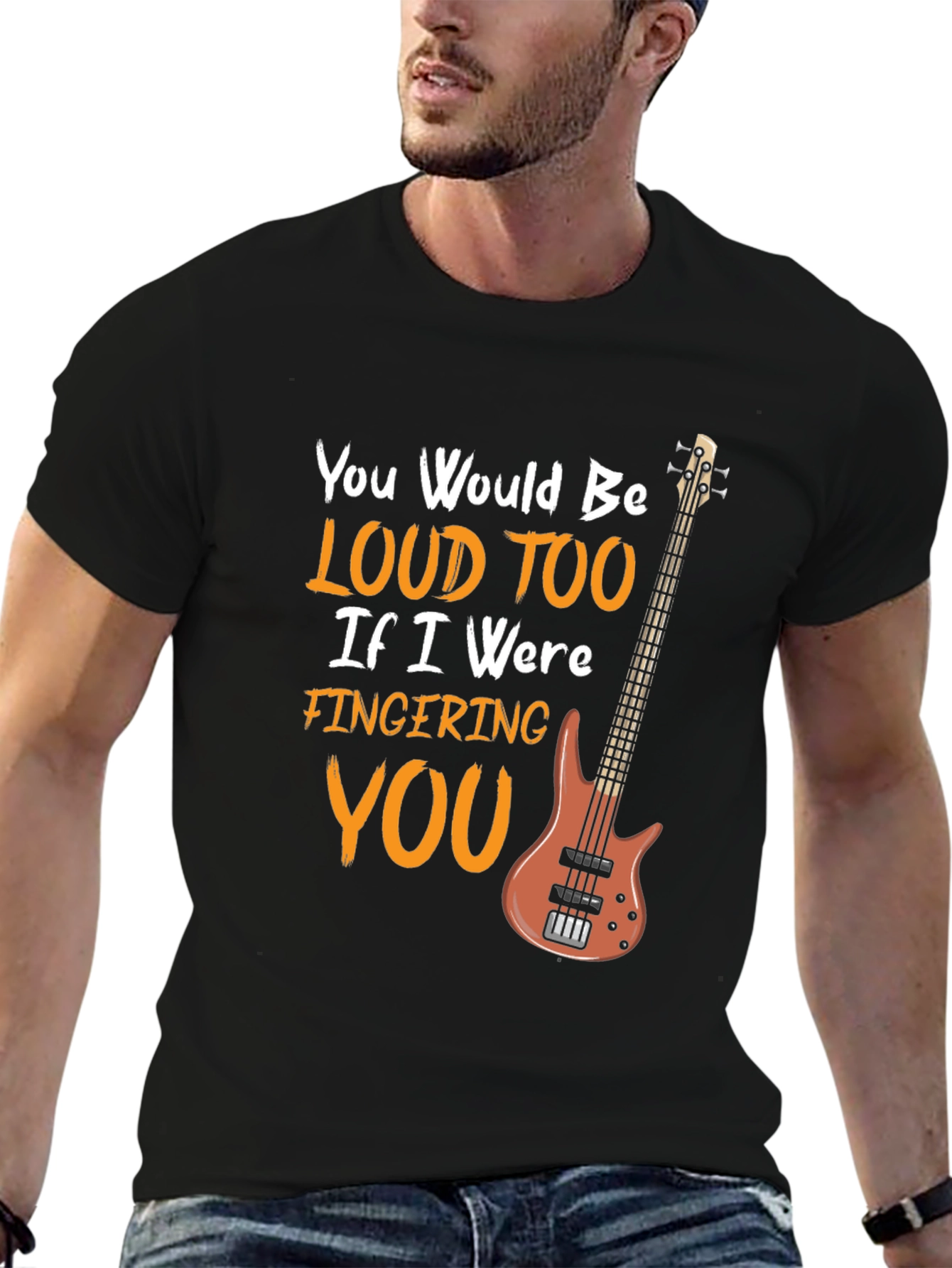 Black Loud Too Funny Bass Guitar Musician Black T-Shirt view 6