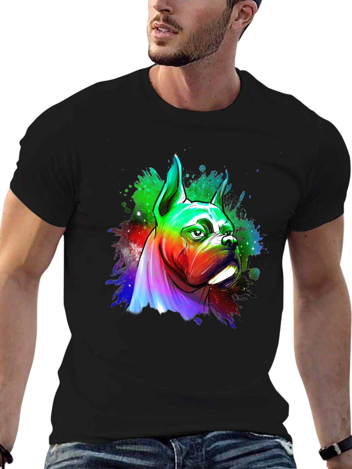 Black Rainbow Boxer Dog Graphic Tee - Unique Art T-Shirt view 6