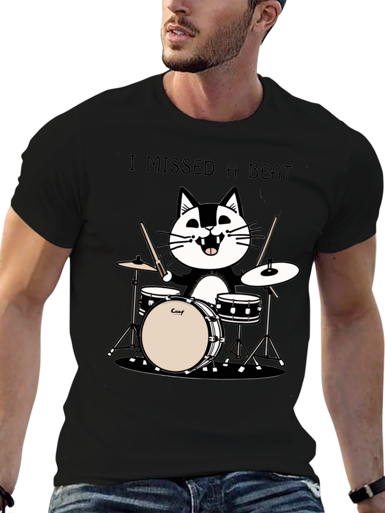 Black I Missed a Beat Cat Drummer T-Shirt view 6