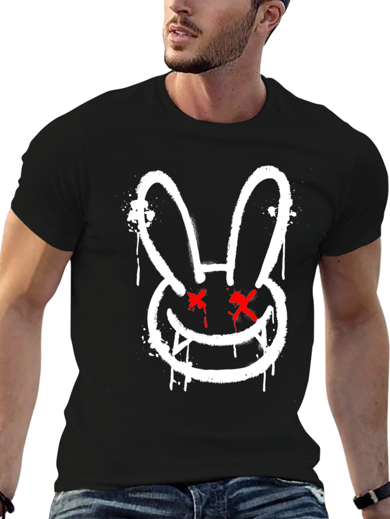 Black Edgy Rabbit Graphic Tee - Black Cotton Casual Shirt view 6