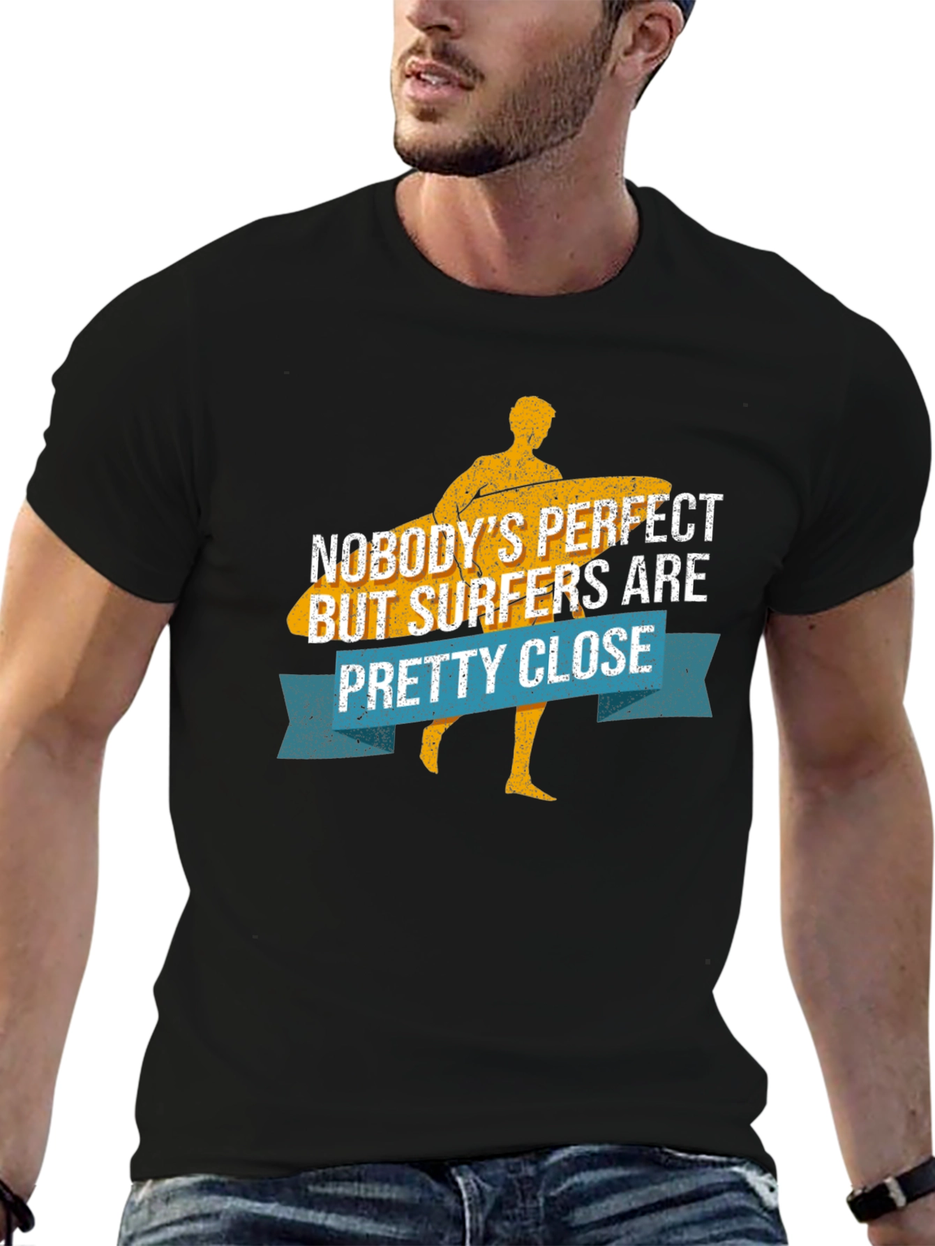 Black Funny Surfer T-Shirt - Nobody's Perfect Surfers Close! view 6