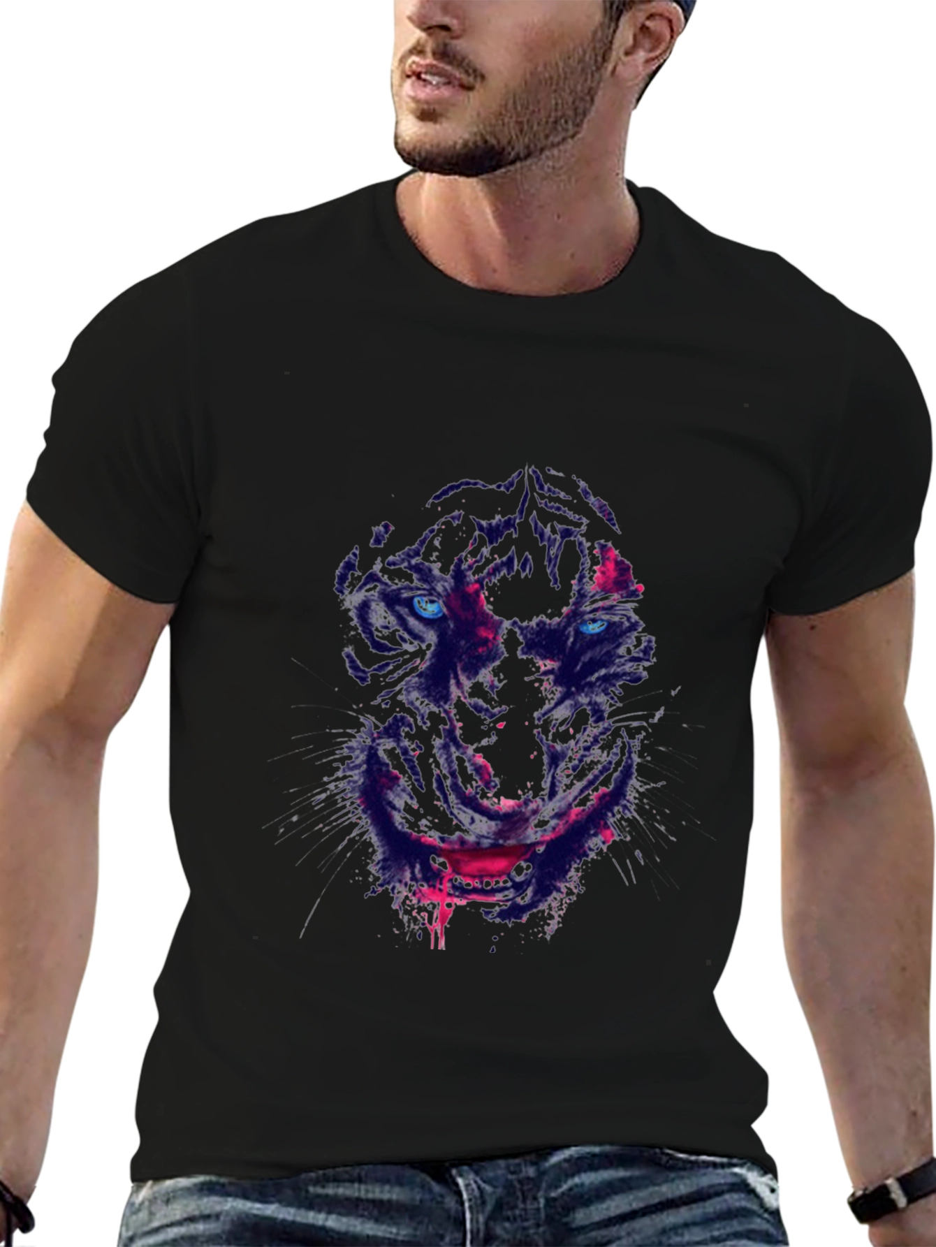 Black Men's Black T-Shirt with Wolf Graphic view 6