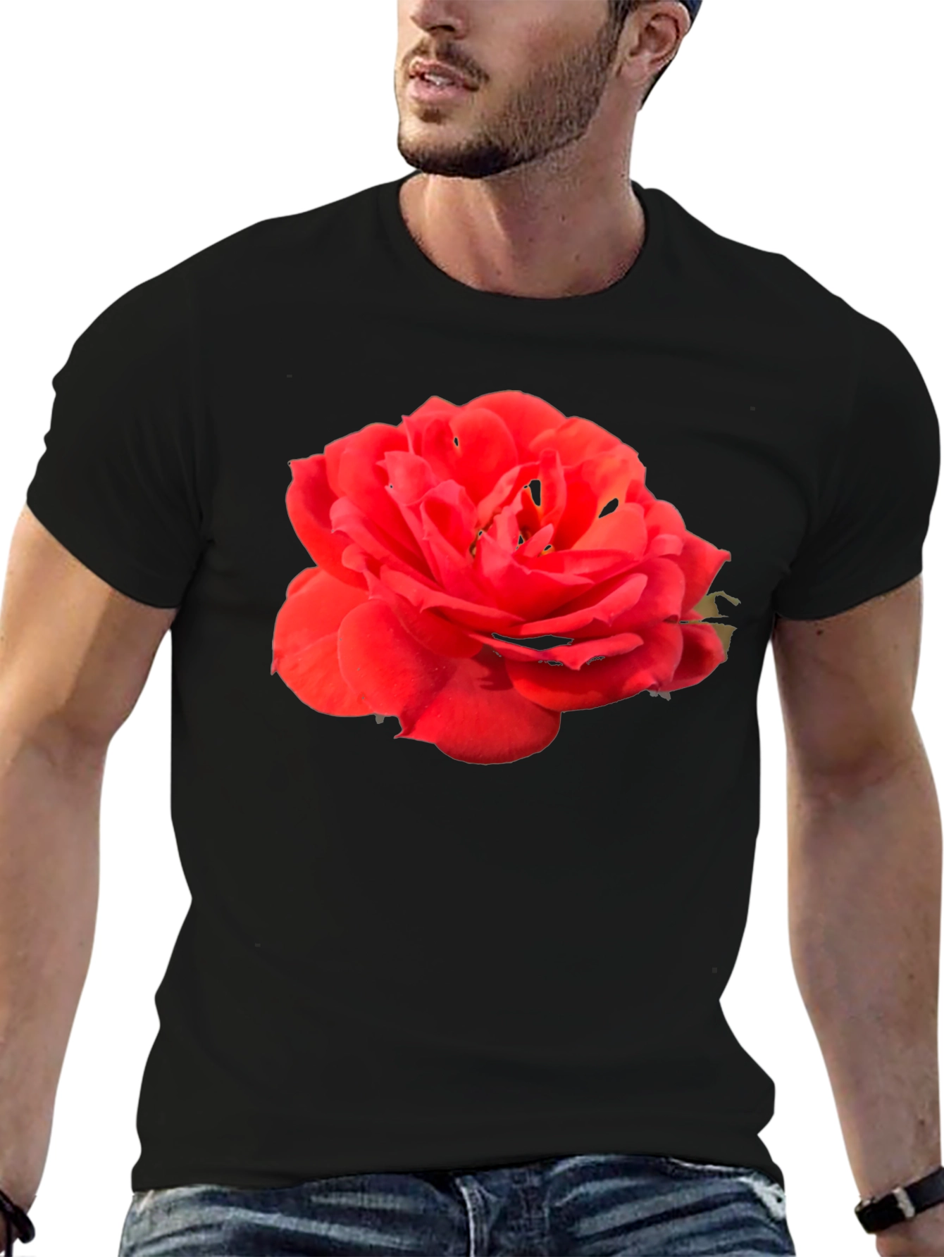 Black Red Rose Graphic Tee - Classic Black Cotton T-Shirt view 6