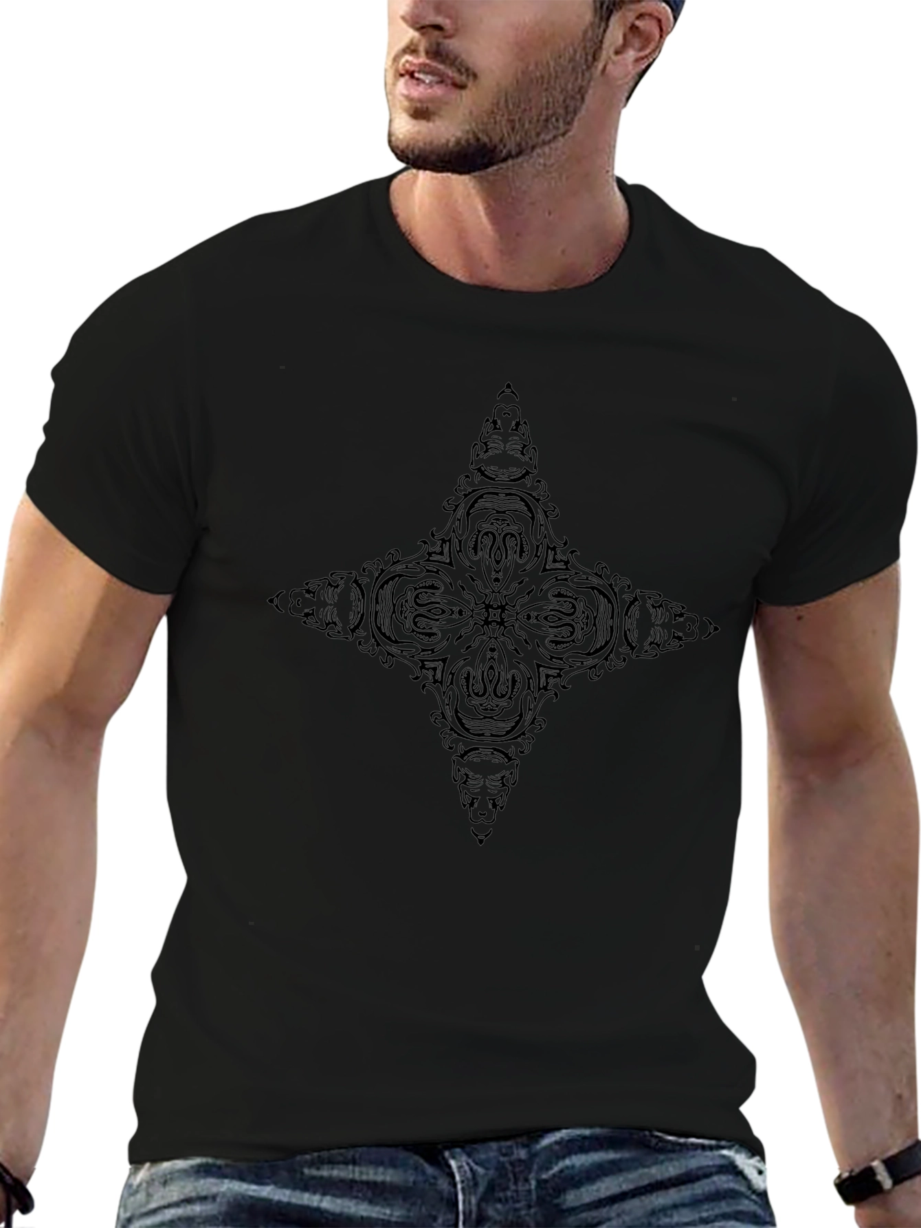 Black Men's Black Tee with Intricate Graphic Design view 6