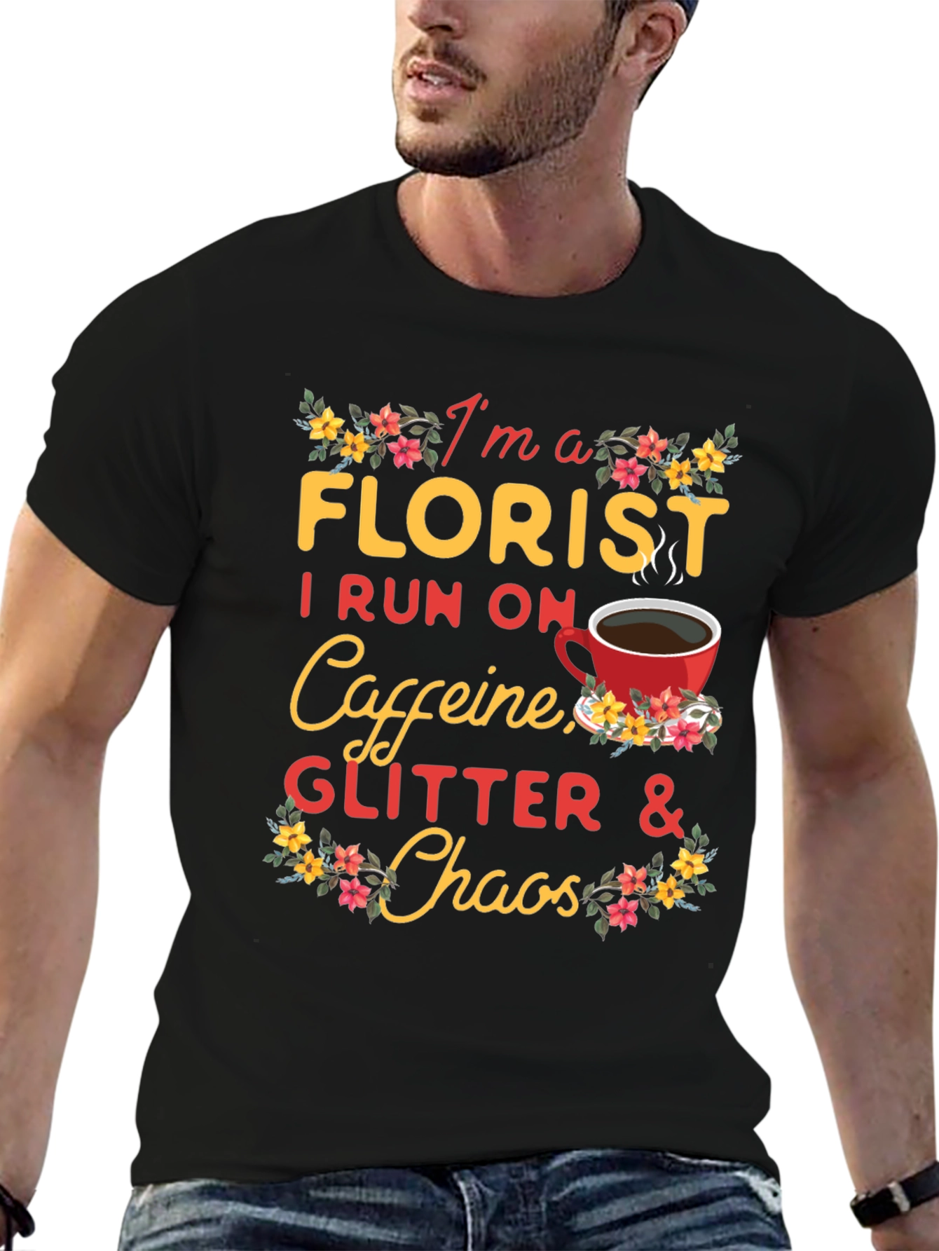 Black Florist Caffeine Glitter Chaos T-Shirt view 6