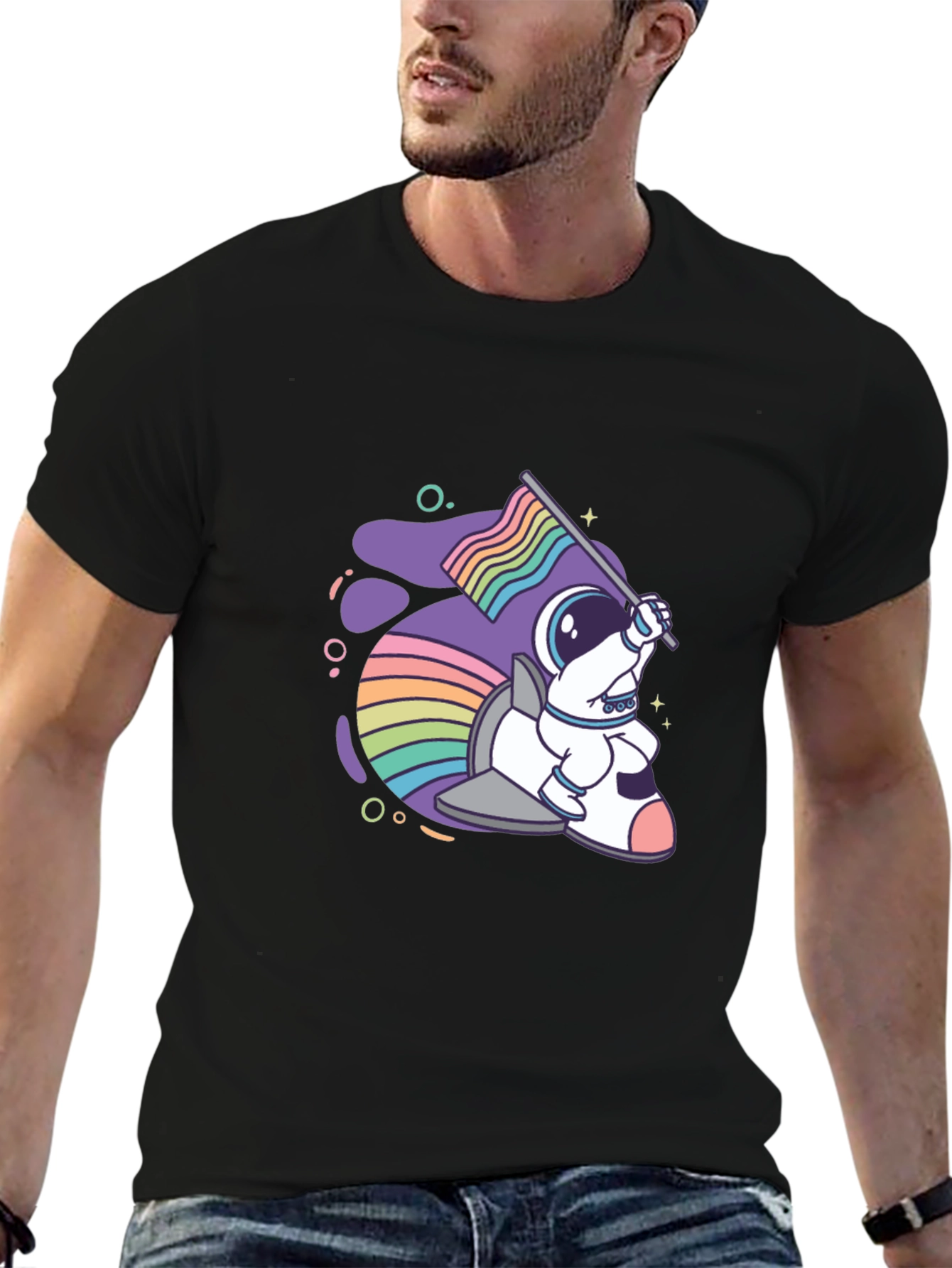 Black Astronaut Rabbit Rainbow Flag Graphic Tee view 6