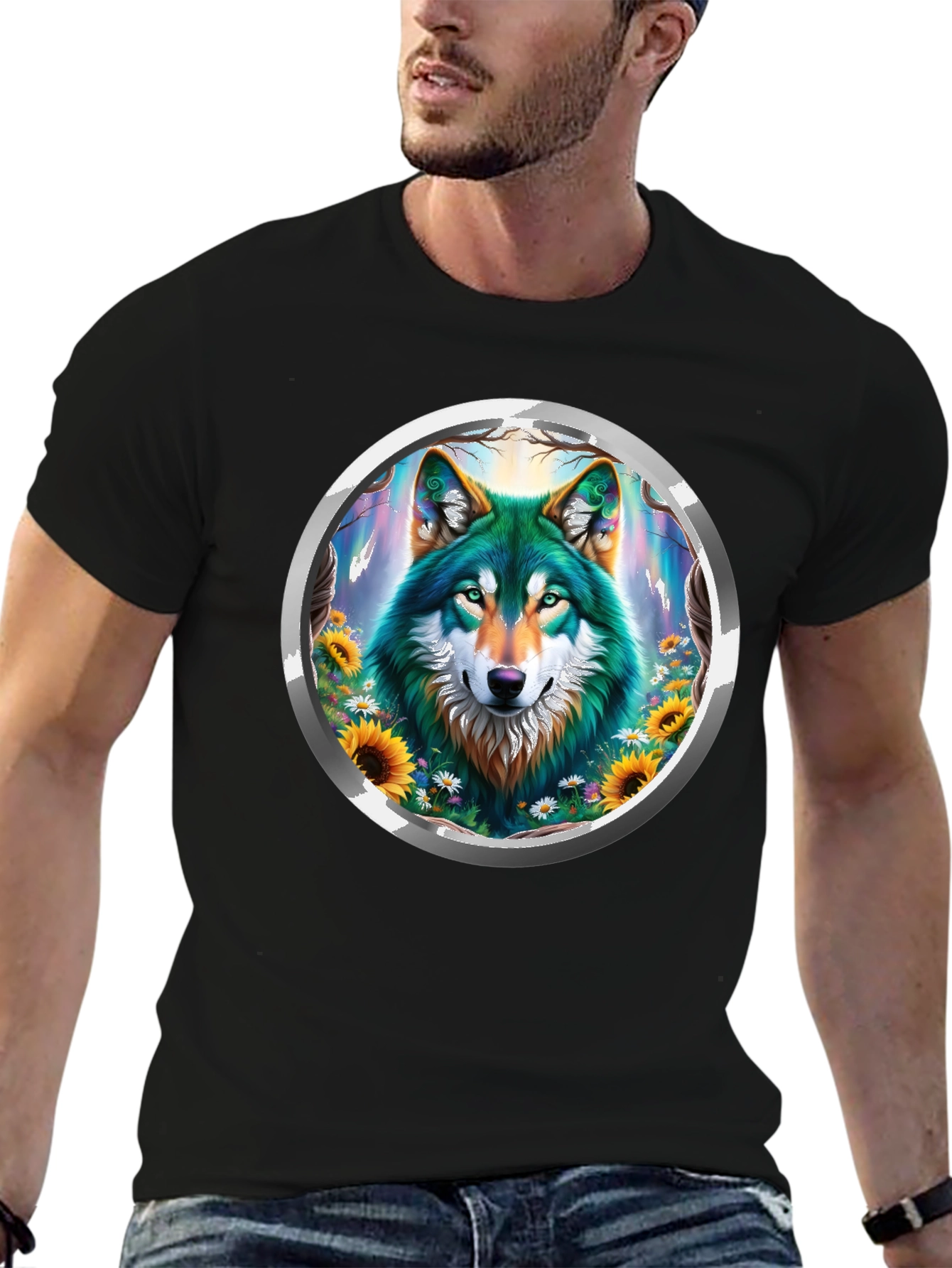 Black Wolf Circle Graphic Tee - Nature Inspired Design view 6