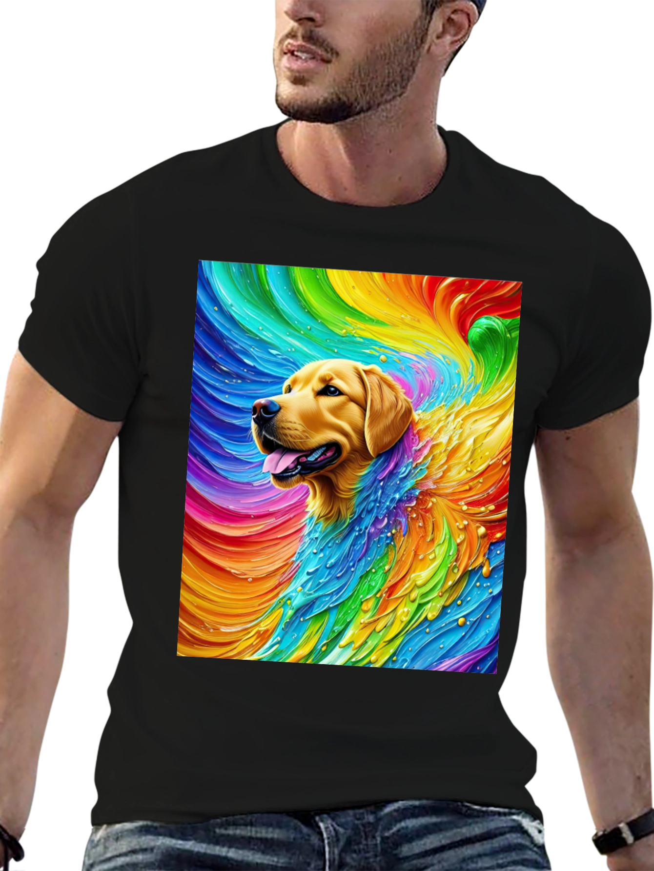 Black Rainbow Dog Graphic Tee - Soft Cotton Blend T-Shirt view 6