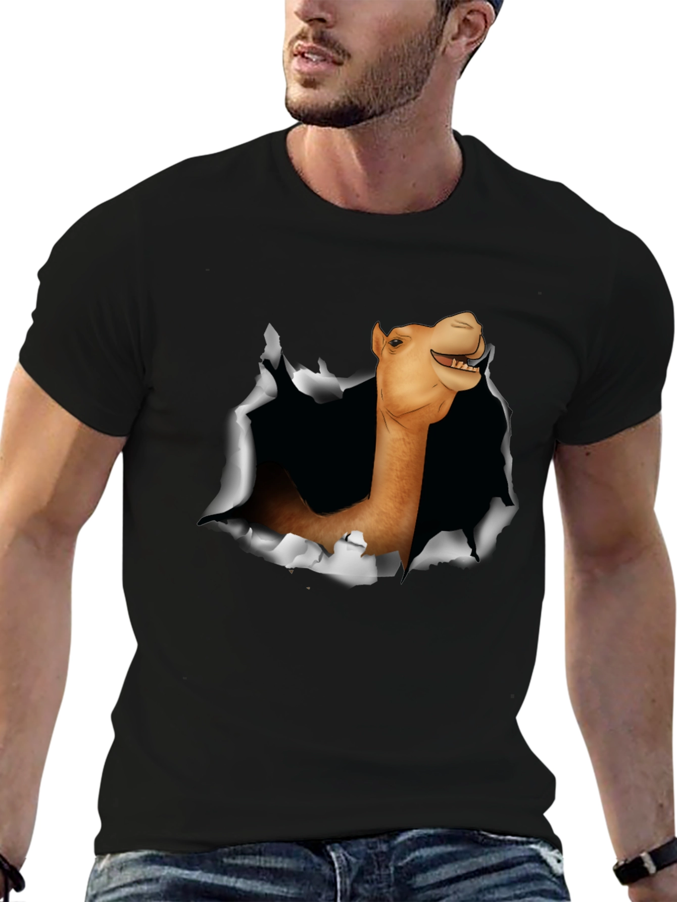 Black Camel Head Ripping Through Black T-Shirt view 6