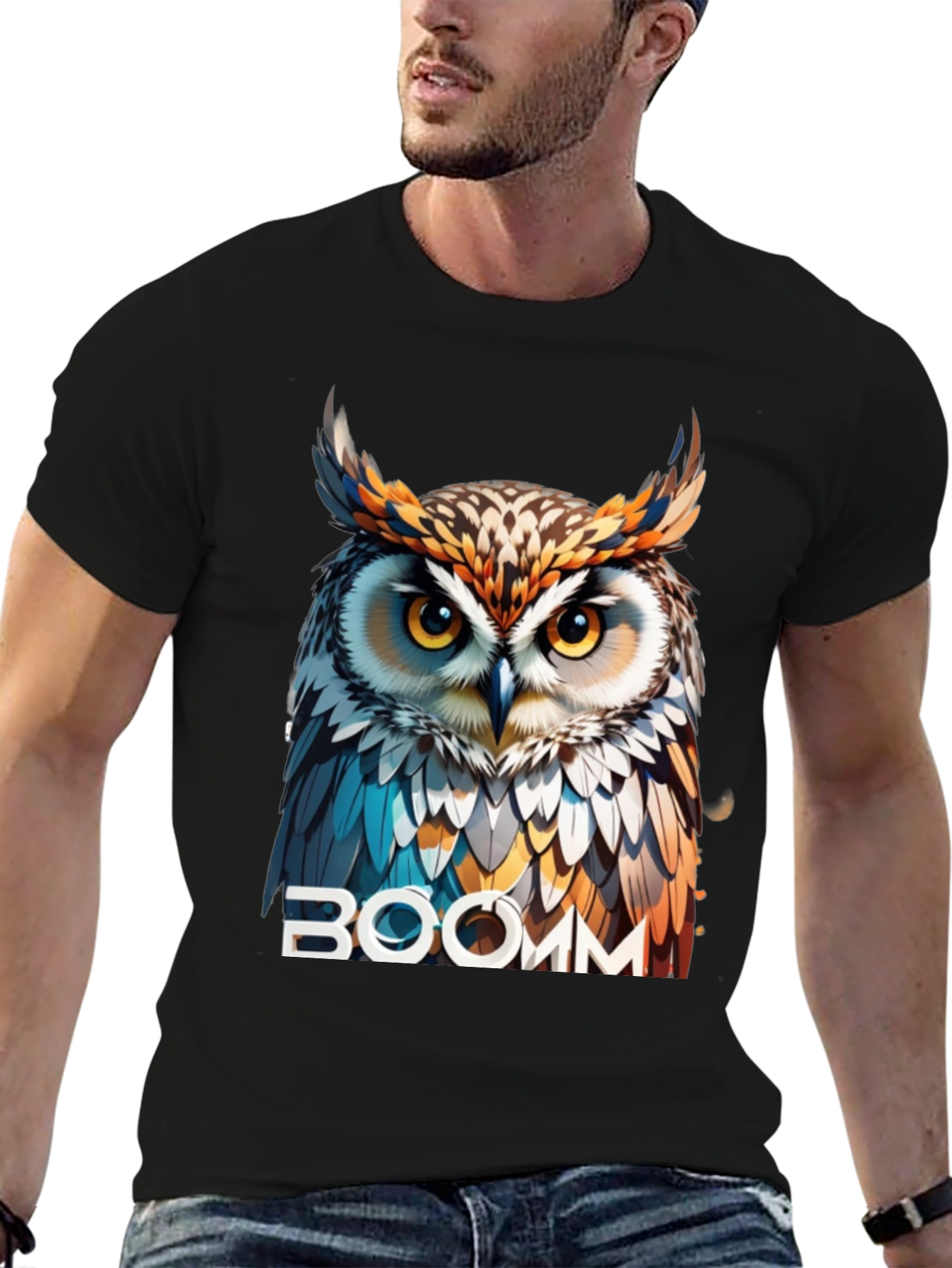Black Owl Graphic T-Shirt - "BOOMM" Design view 6