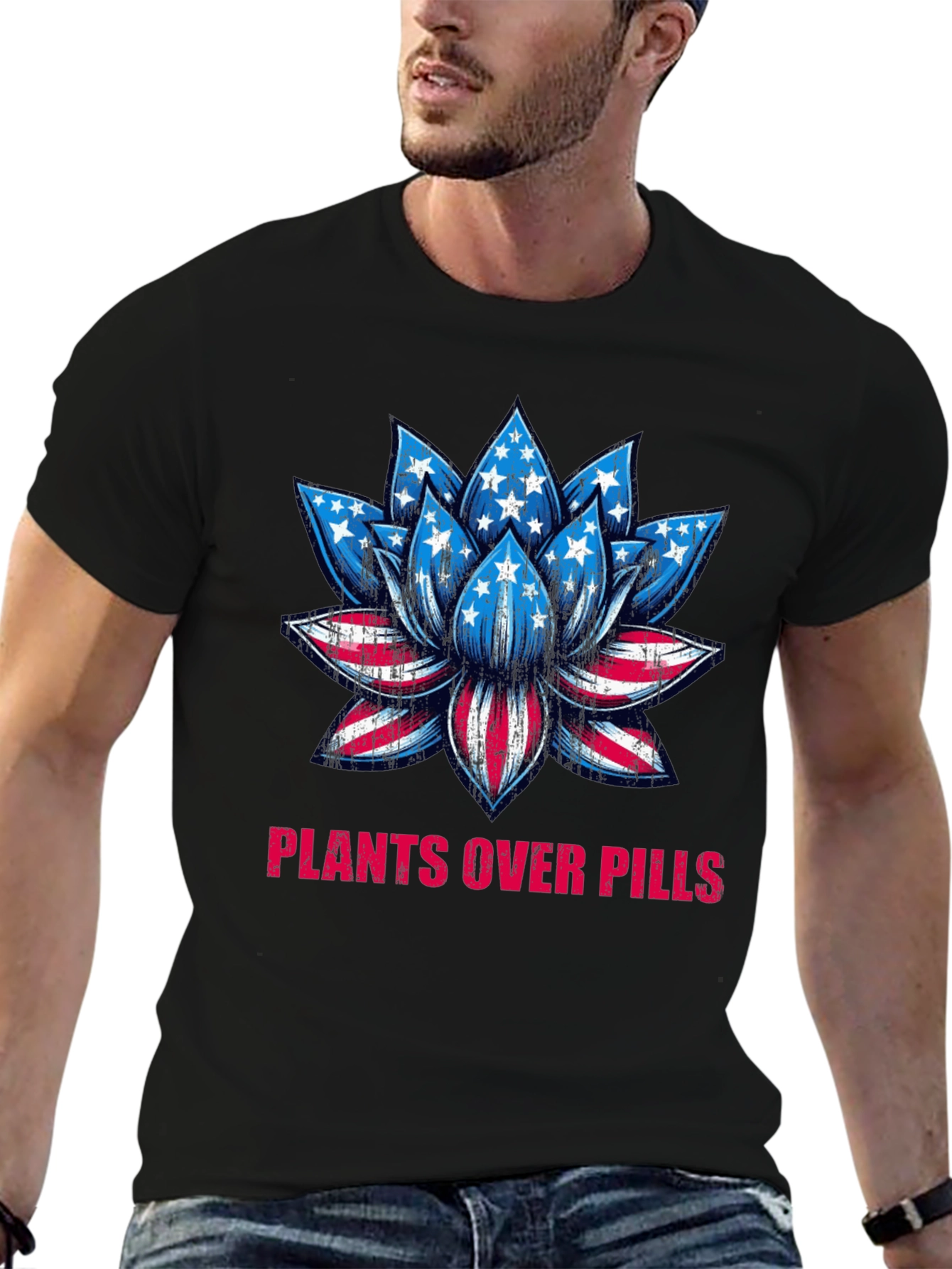 Black Plants Over Pills American Flag Lotus T-Shirt view 6