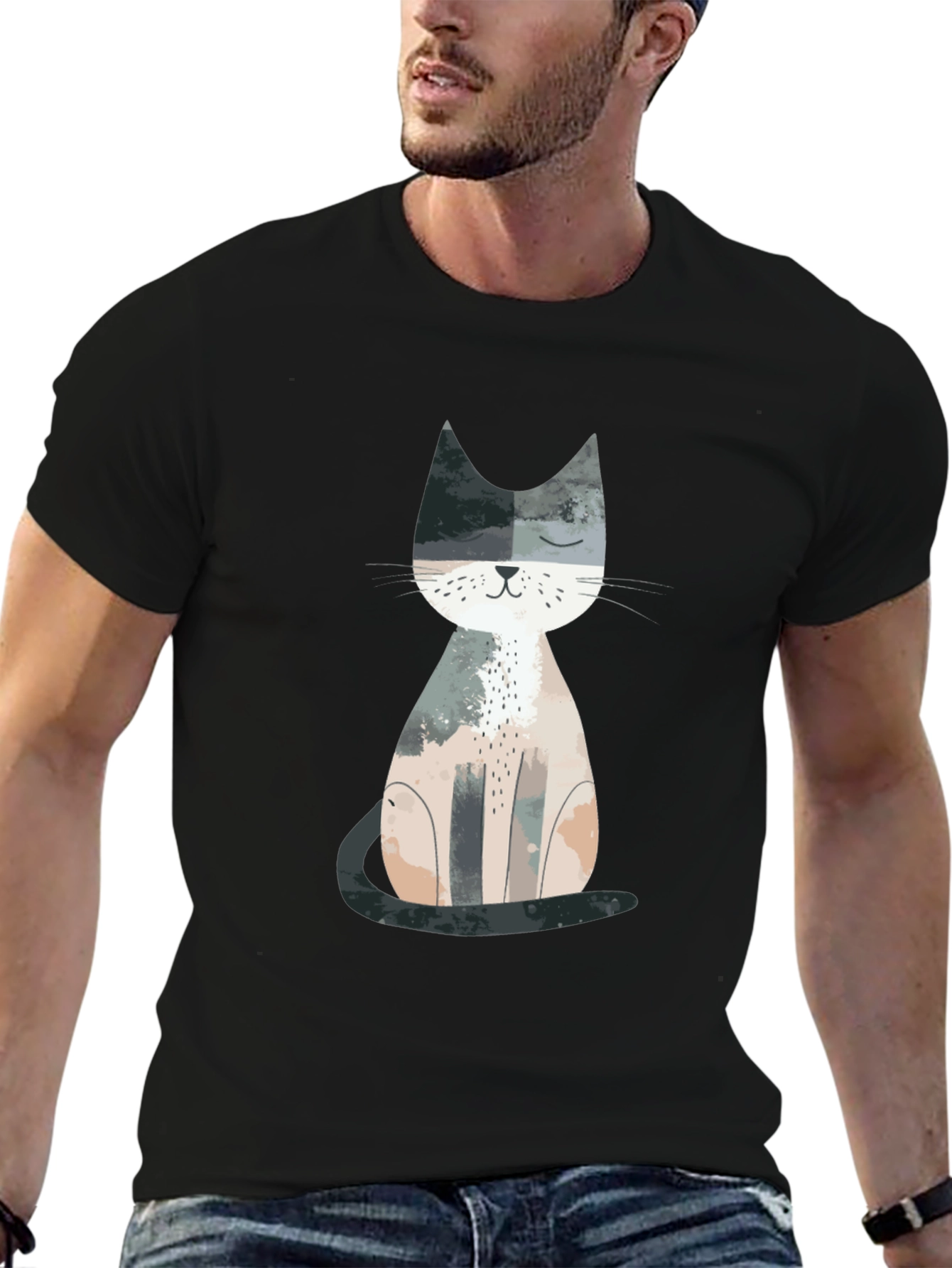 Black Cute Cat Graphic Print Crew Neck T-Shirt view 6