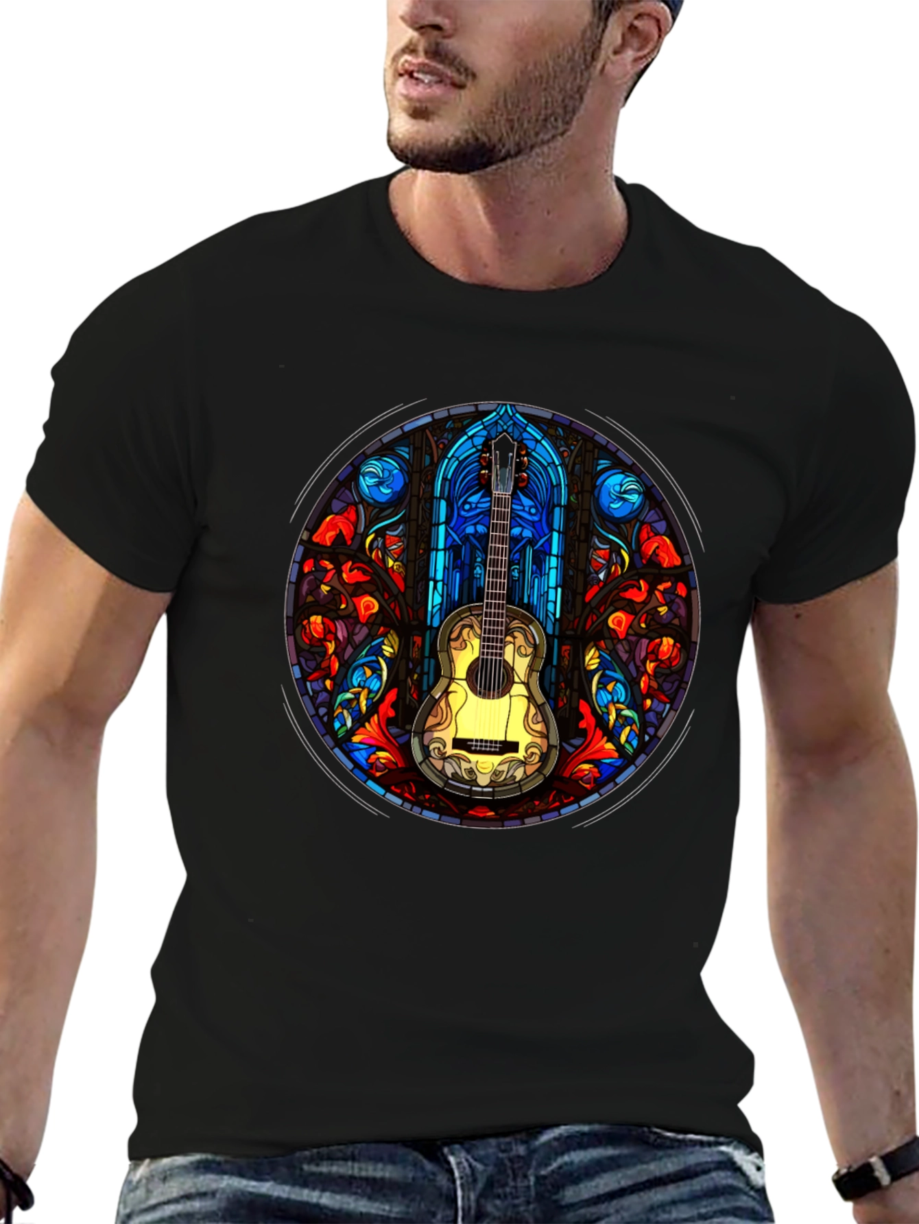 Black Stained Glass Guitar T-Shirt view 6