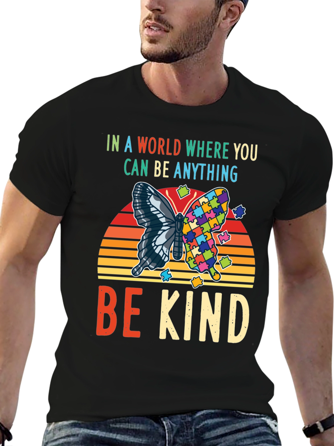 Black Be Kind Autism Awareness Butterfly T-Shirt view 6