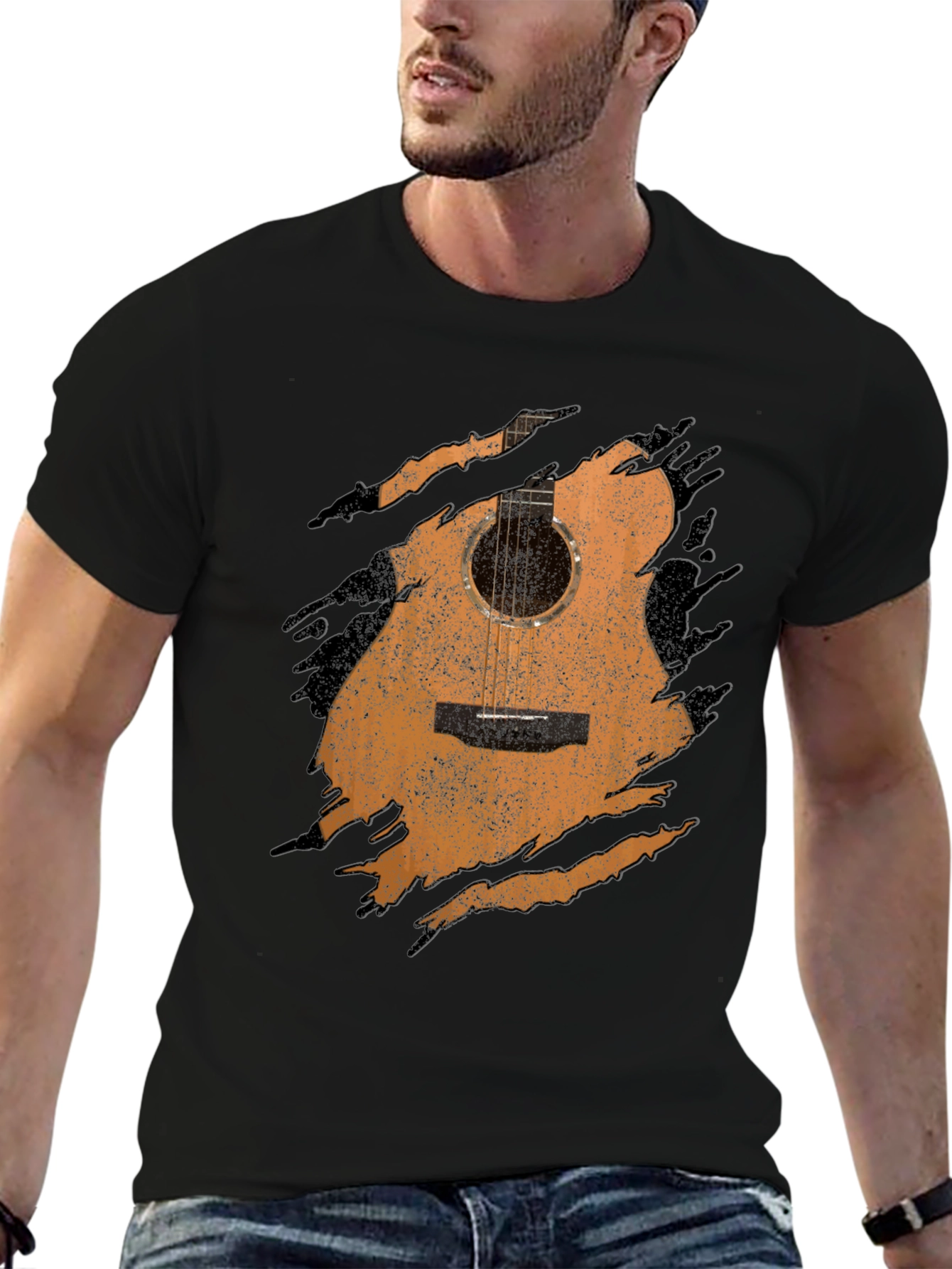 Guitar Graphic Tee - Distressed Acoustic Design, Musician Shirt - 6