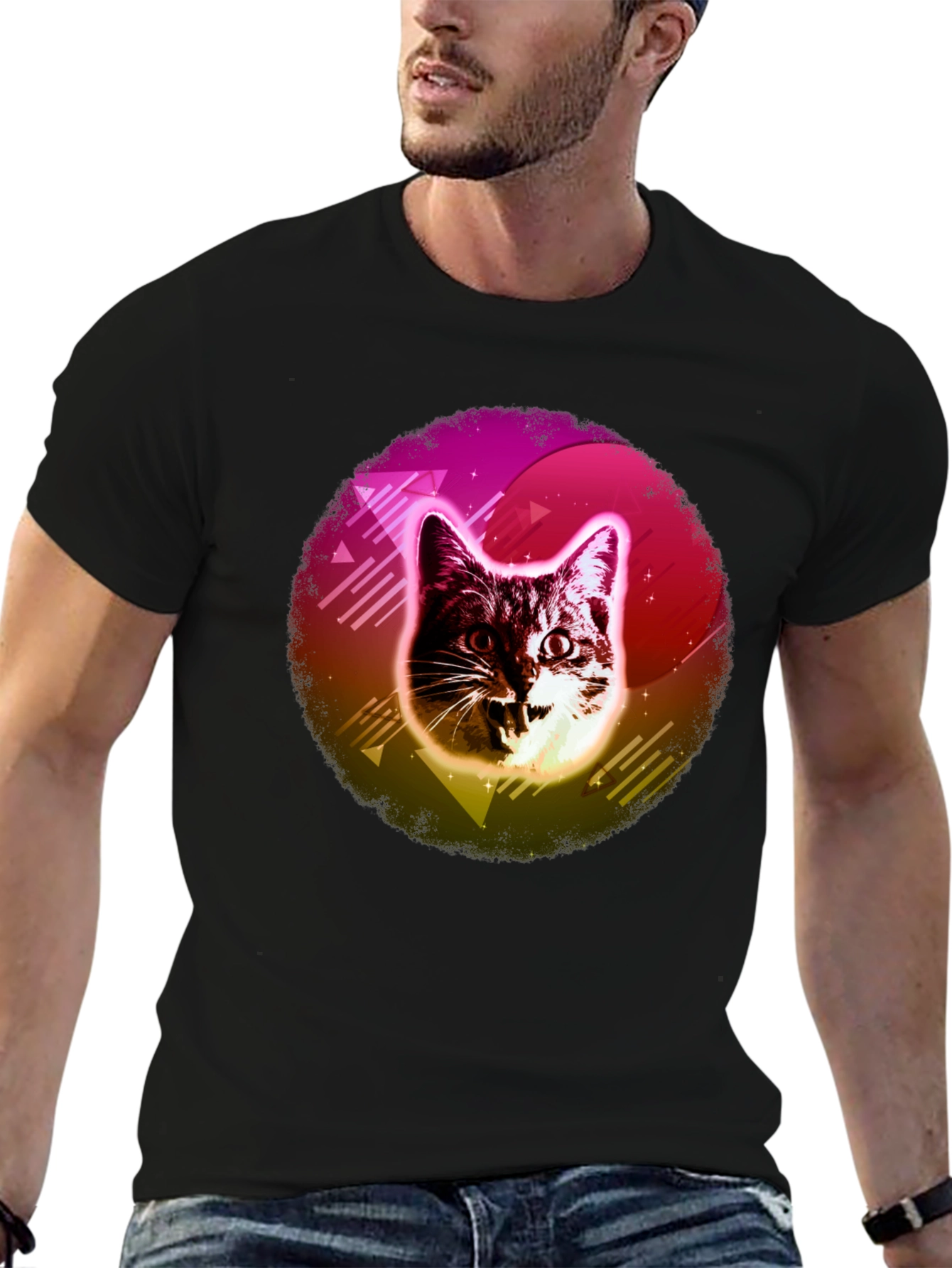 Black Retro Cat Graphic Tee - 80s Style view 6