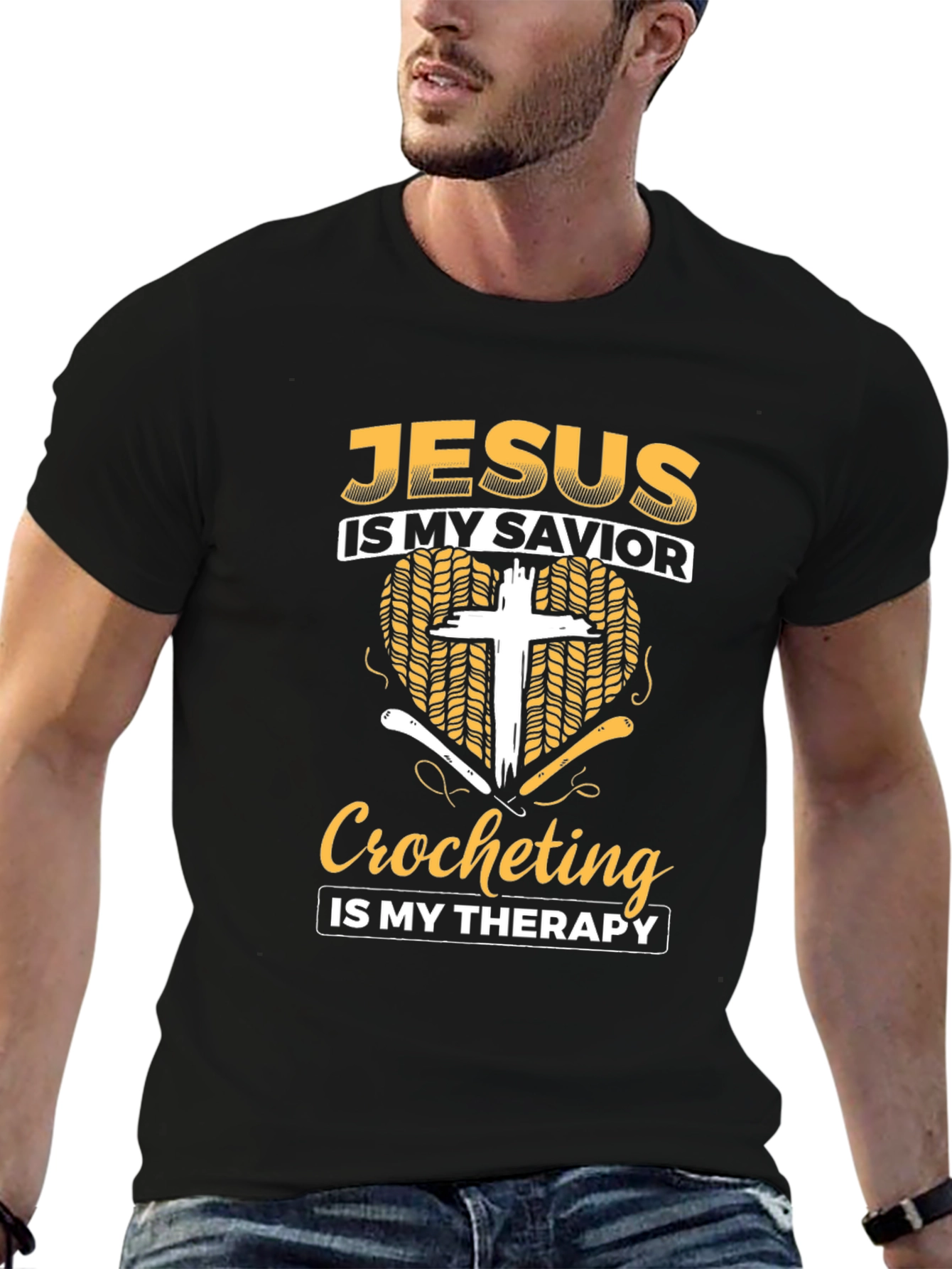 Black Jesus is My Savior Crocheting Therapy T-Shirt view 6