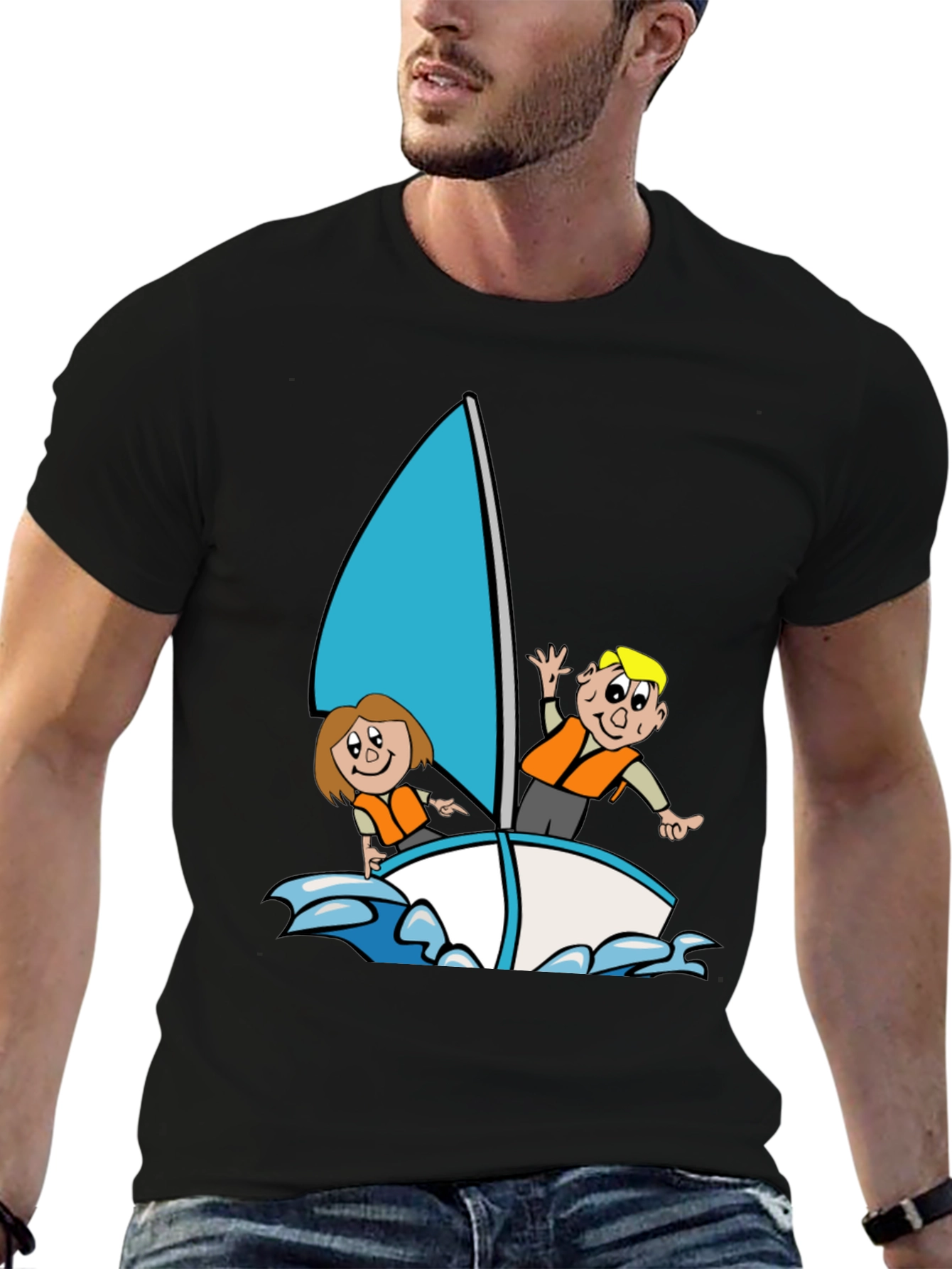 Black Cartoon Sailboat Graphic T-Shirt - Black Crew Neck view 6