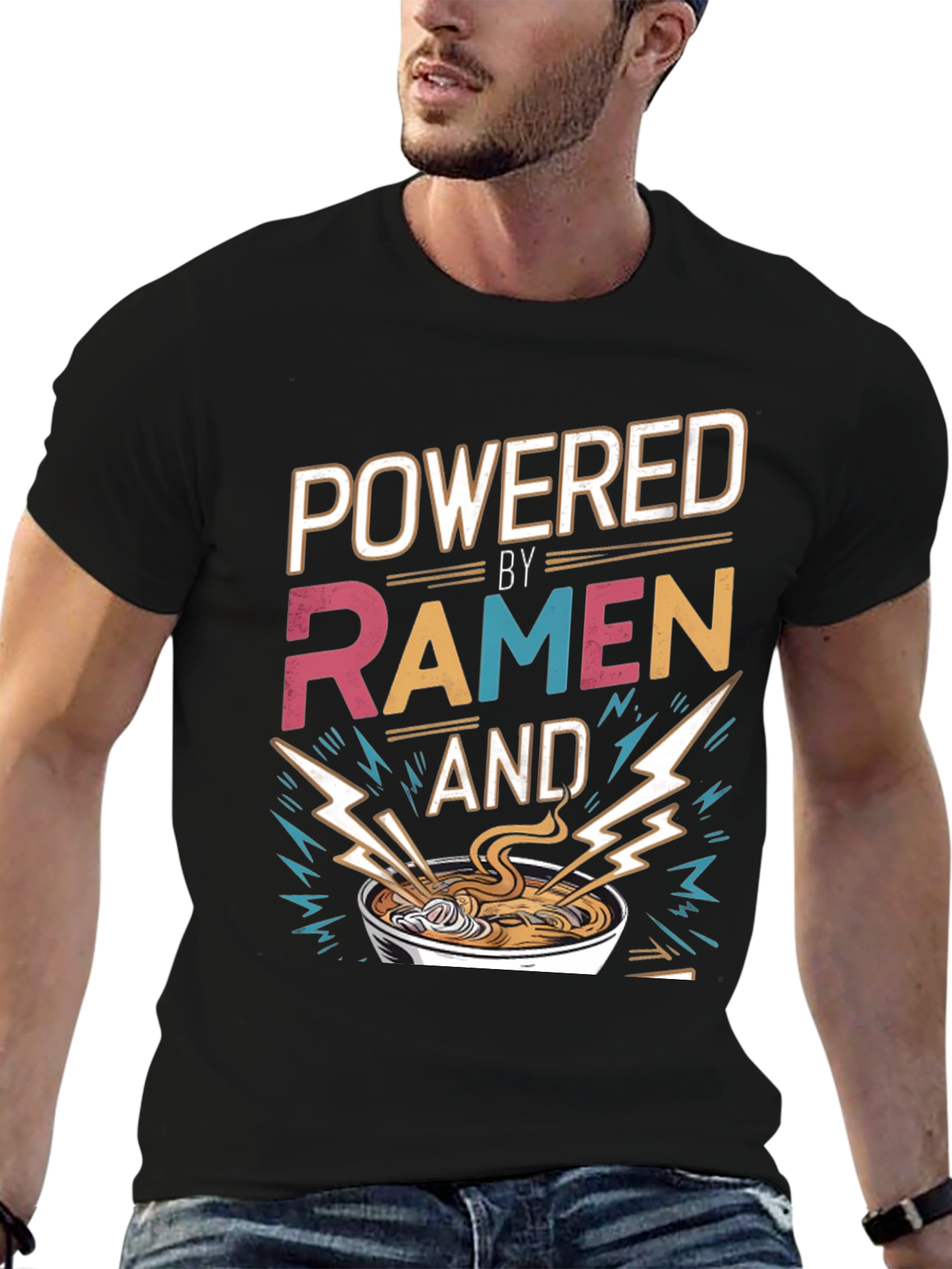 Black Powered By Ramen T-Shirt - Graphic Tee, Foodie Fashion view 6