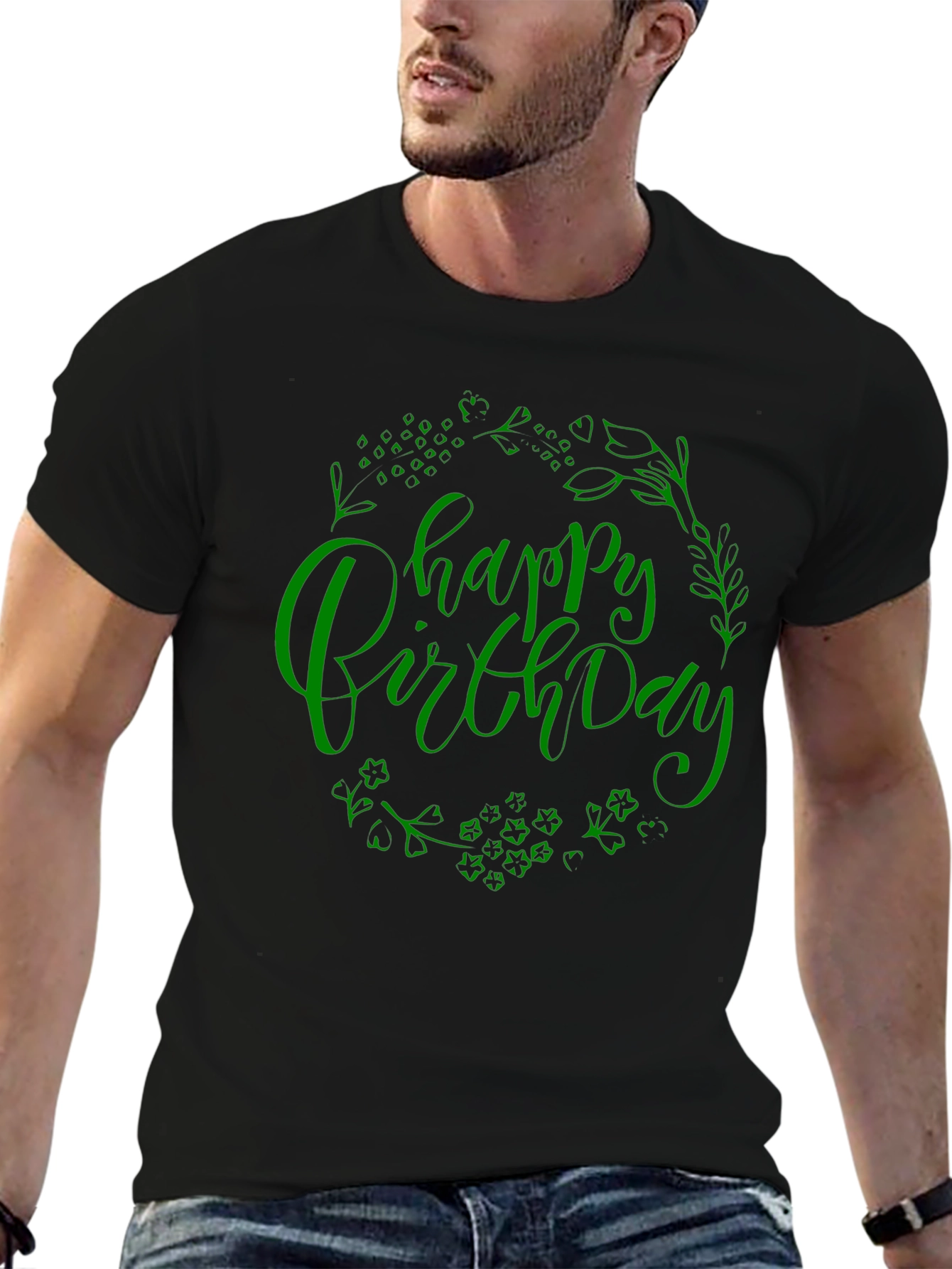 Black Happy Birthday Graphic Print Crew Neck T-Shirt view 6
