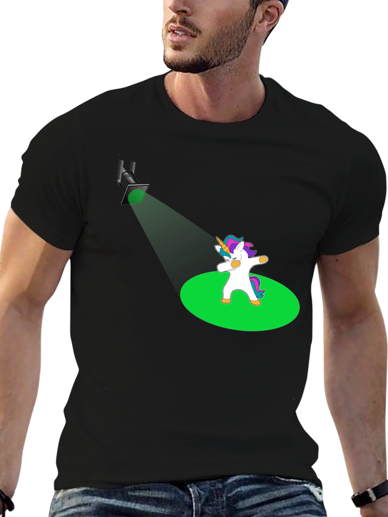 Black Dabbing Unicorn T-Shirt - Spotlight Design view 6
