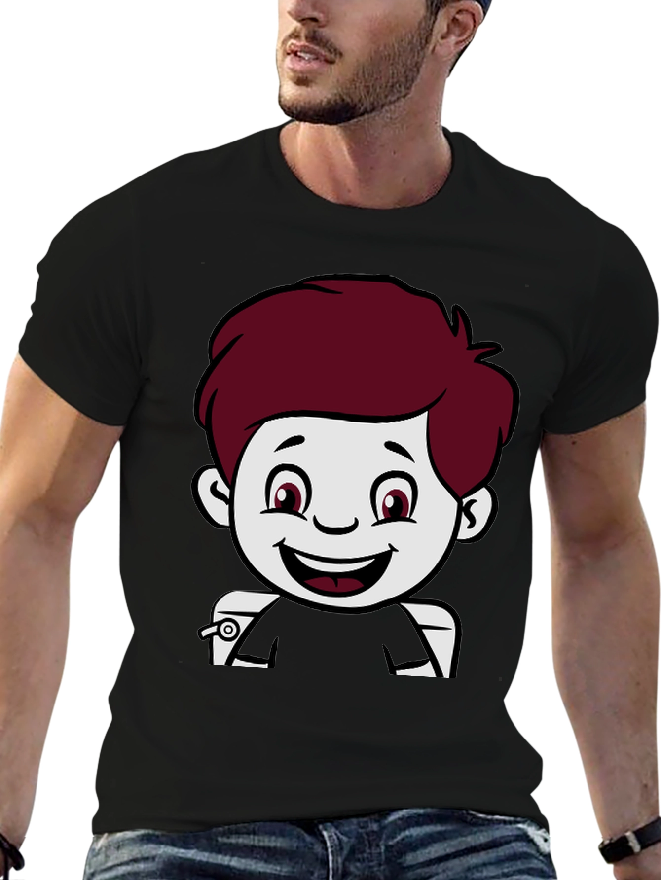 Black Cartoon Boy Graphic Print Black T-Shirt view 6