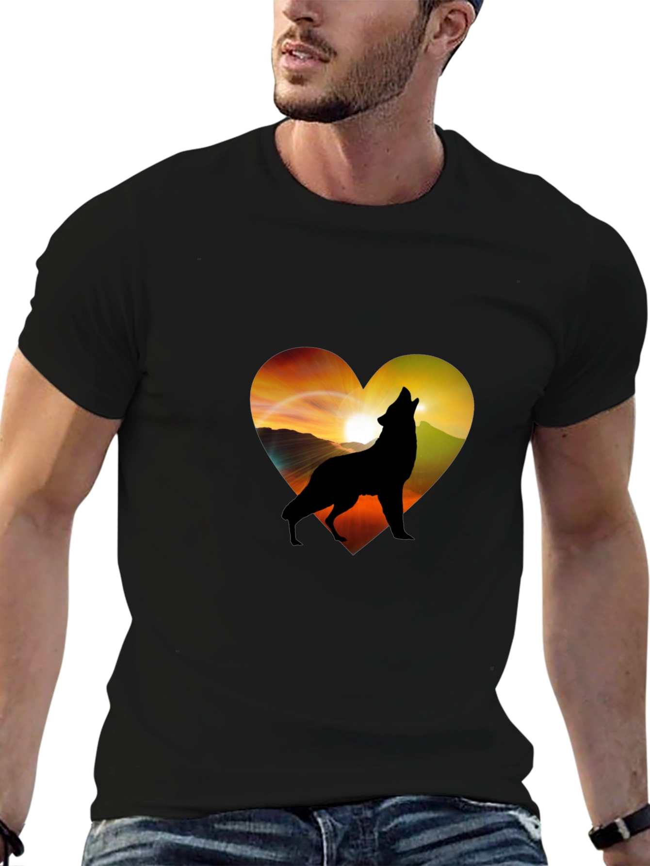 Black Wolf Heart Graphic T-Shirt - Men's Black Tee view 6