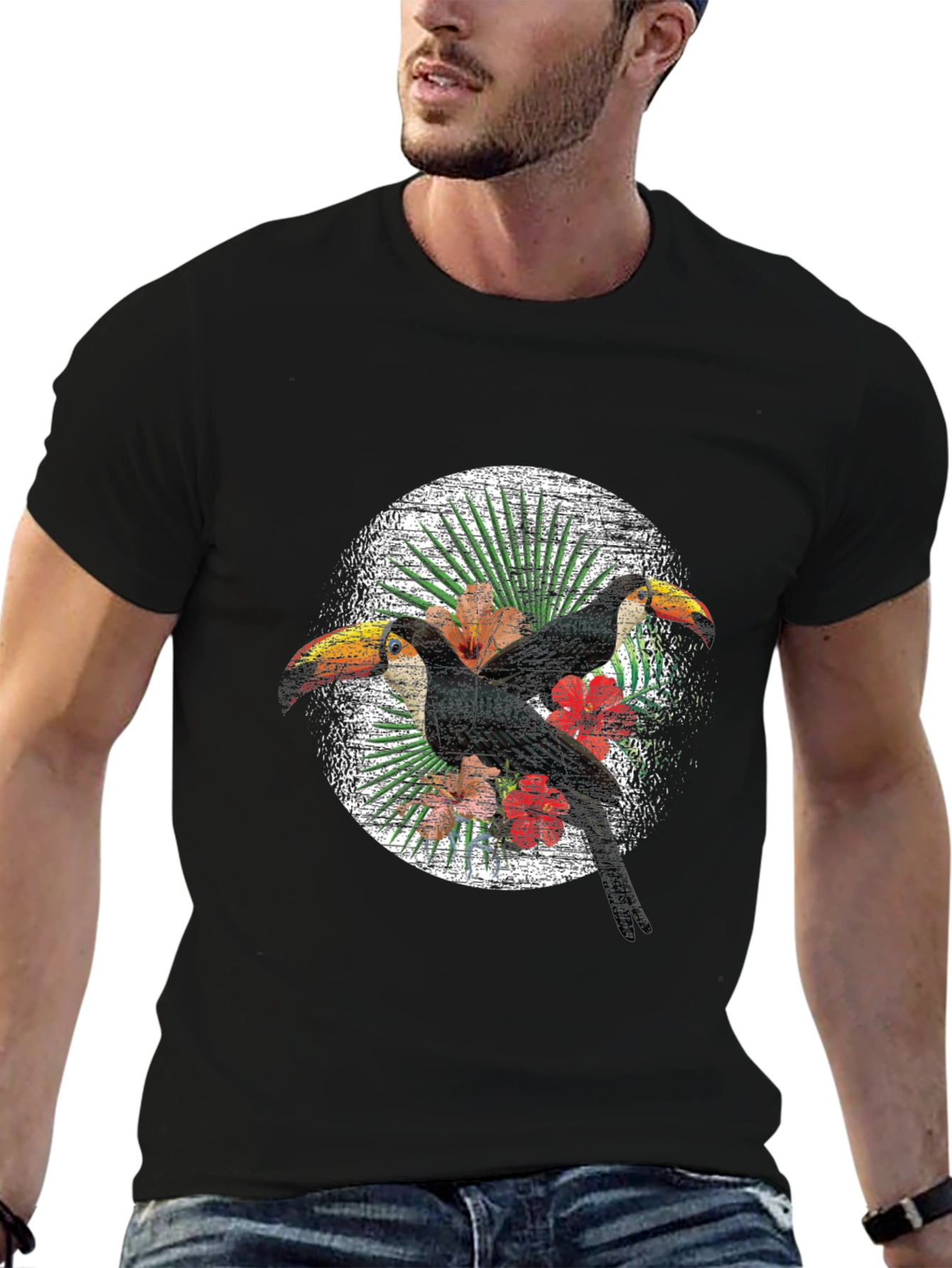 Black Tropical Toucan Graphic Tee - Black Cotton Blend Shirt view 6