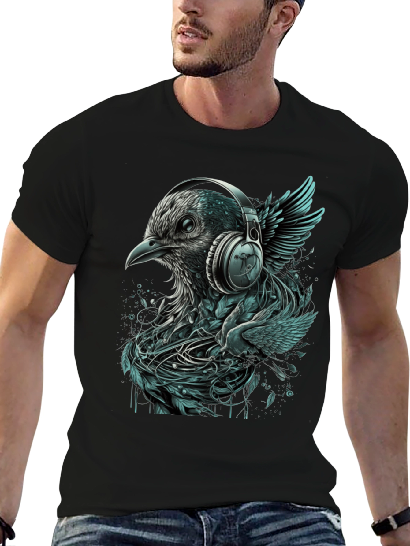 Black Bird with Headphones Graphic Tee view 6