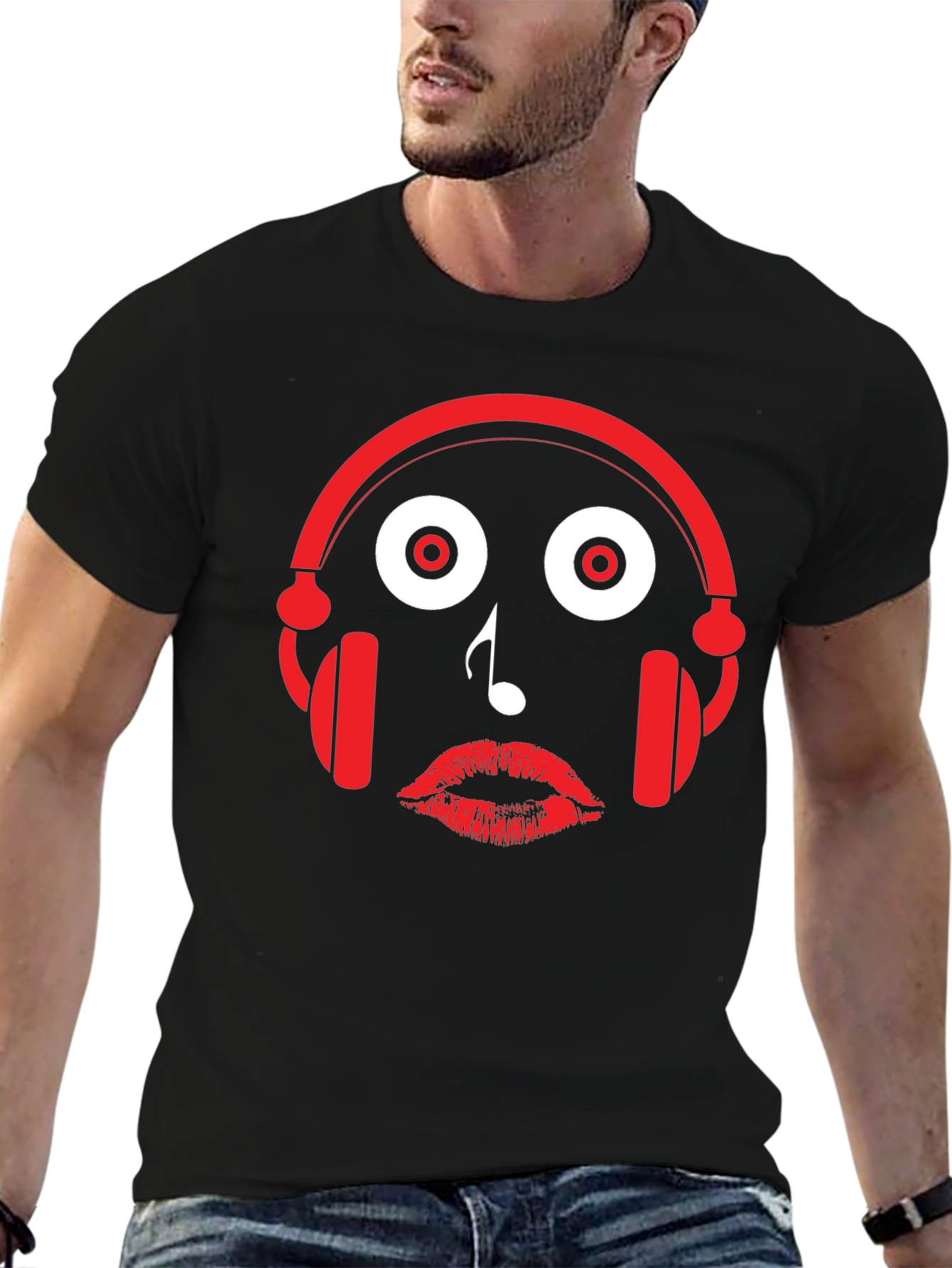 Black Music Lover's Tee: Headphones, Note, Lips Graphic T-Shirt view 6