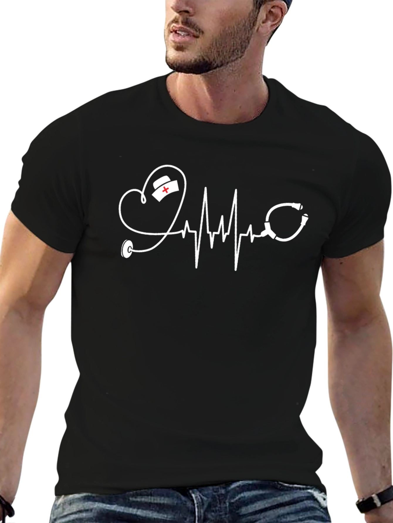 Black Heartbeat Nurse Stethoscope Graphic Tee - Black view 6